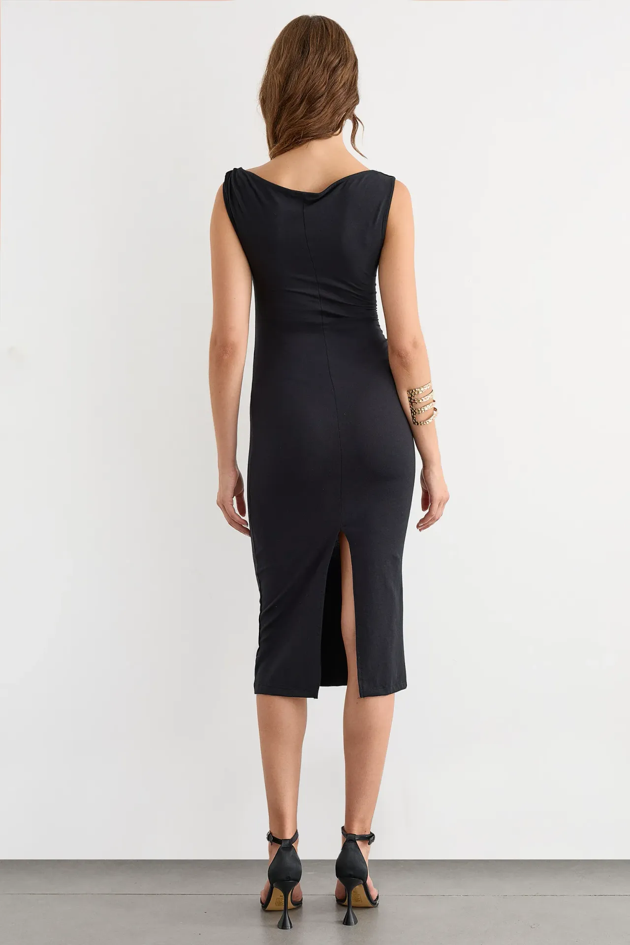 Draped Midi Dress with Shoulder Detail