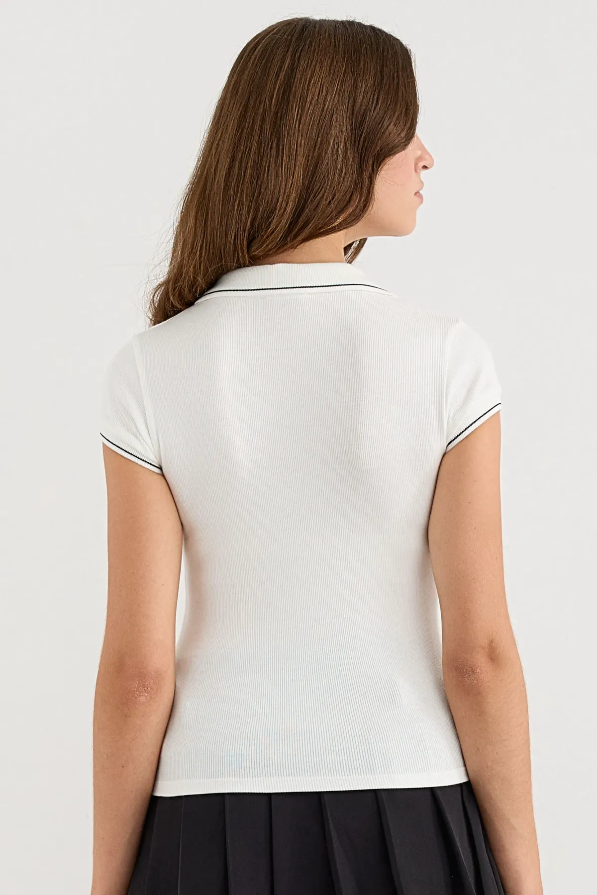 Short Sleeve Ribbed Tee with Shirt Collar 4