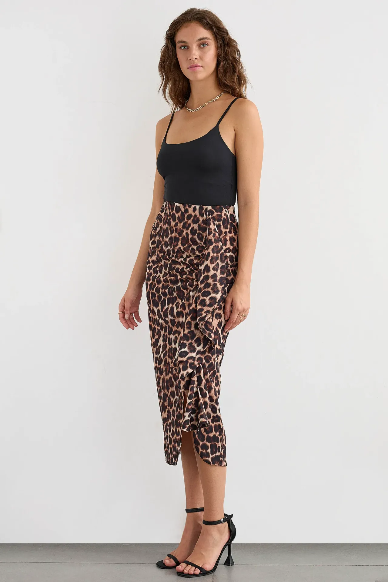 Animal-Printed Frilled Midi Skirt