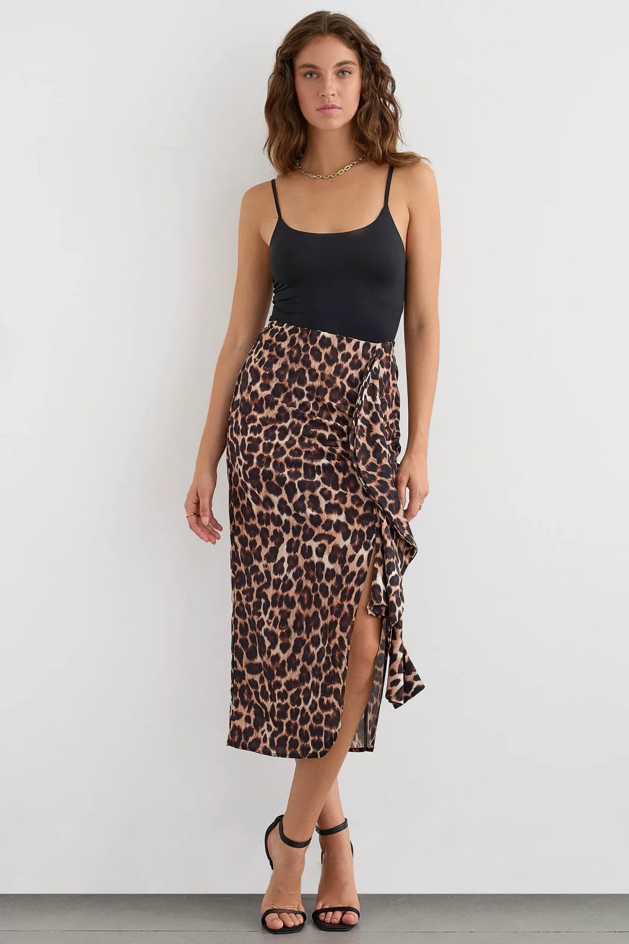 Animal-Printed Frilled Midi Skirt