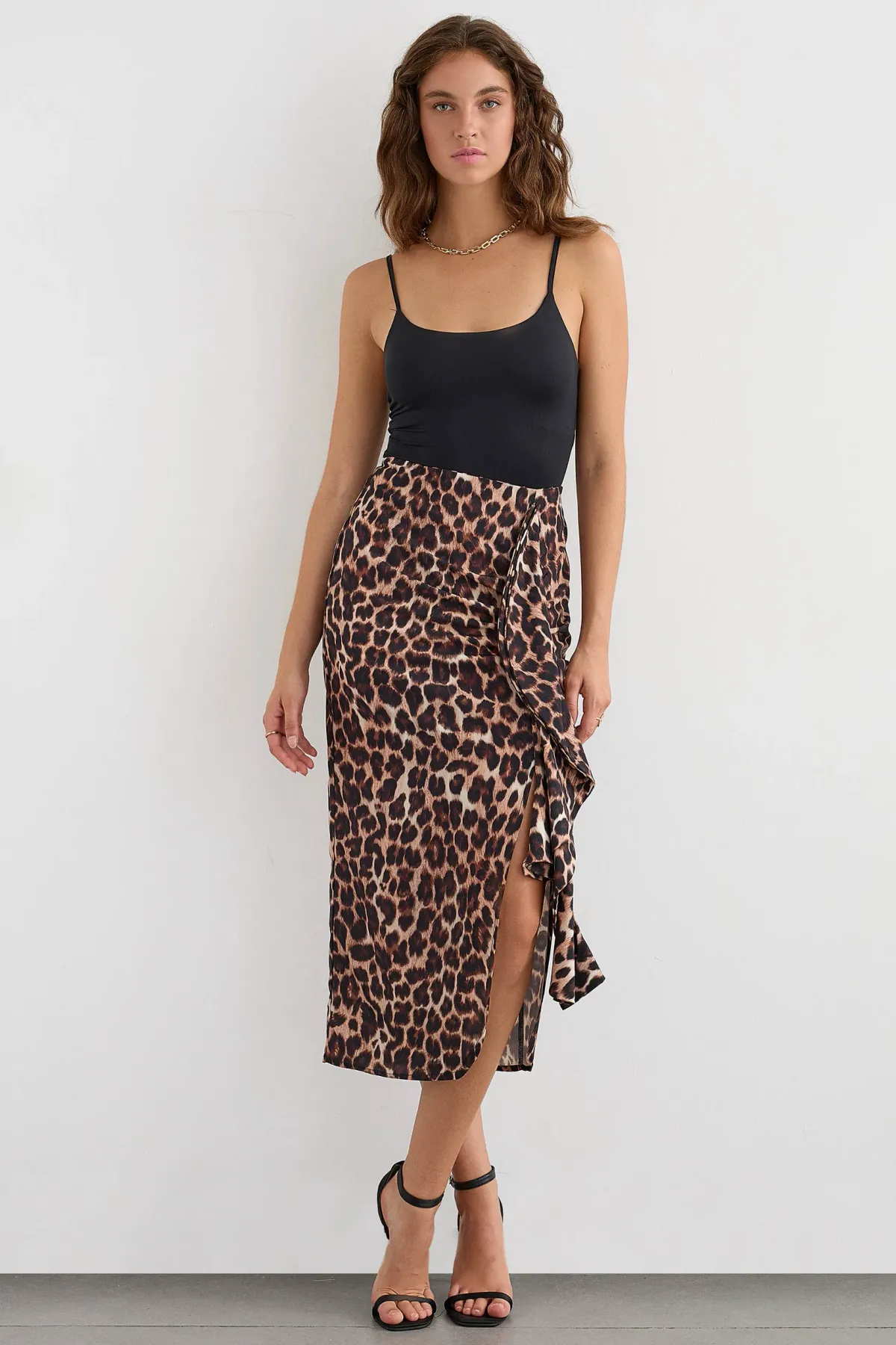 Animal-Printed Frilled Midi Skirt 1