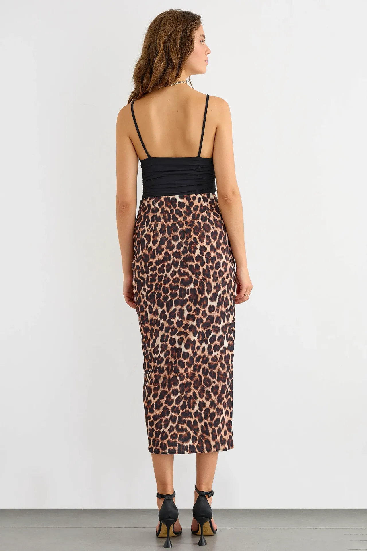 Animal-Printed Frilled Midi Skirt