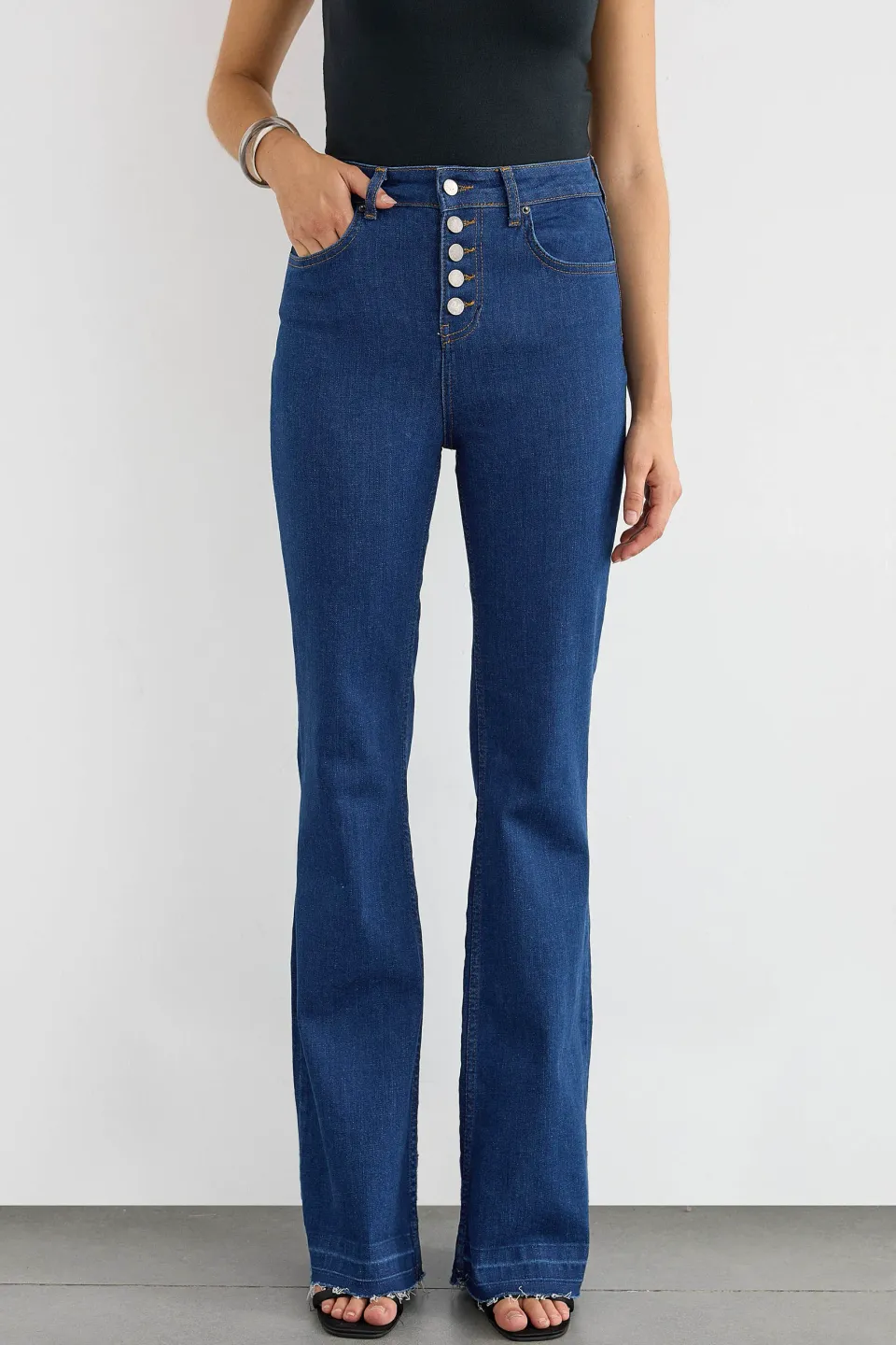 High-Waist Flare Jeans with Button Detail