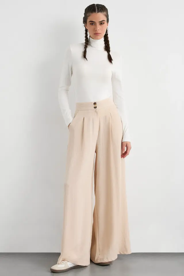 High-Waist Super Wide Leg Trousers with Button Detail