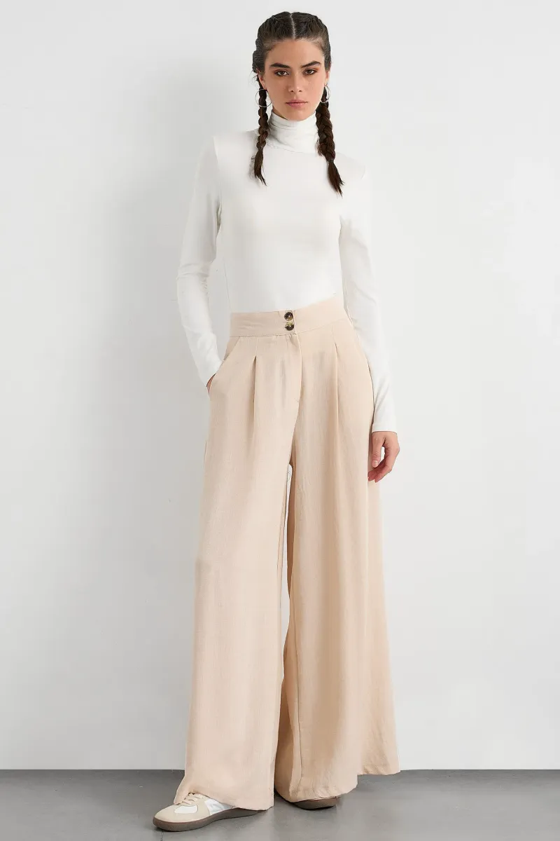 High-Waist Super Wide Leg Trousers with Button Detail 1