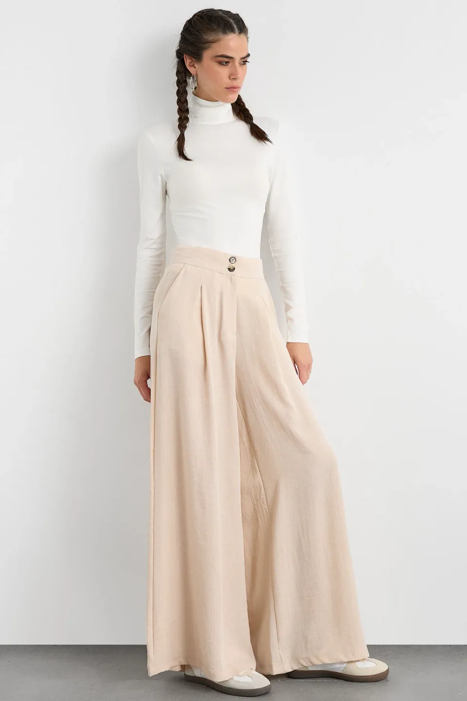 High-Waist Super Wide Leg Trousers with Button Detail