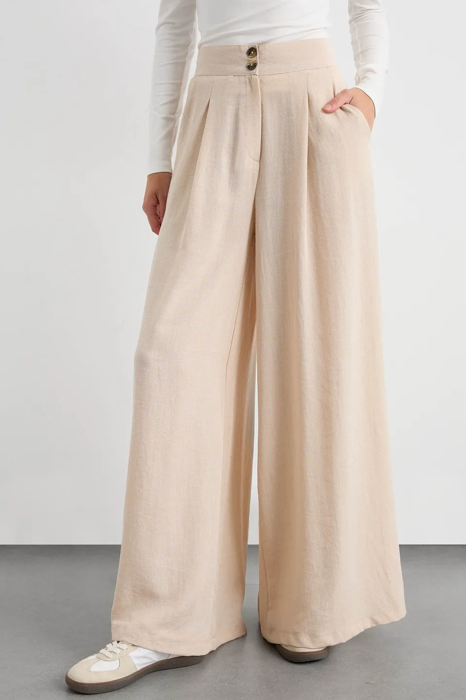High-Waist Super Wide Leg Trousers with Button Detail