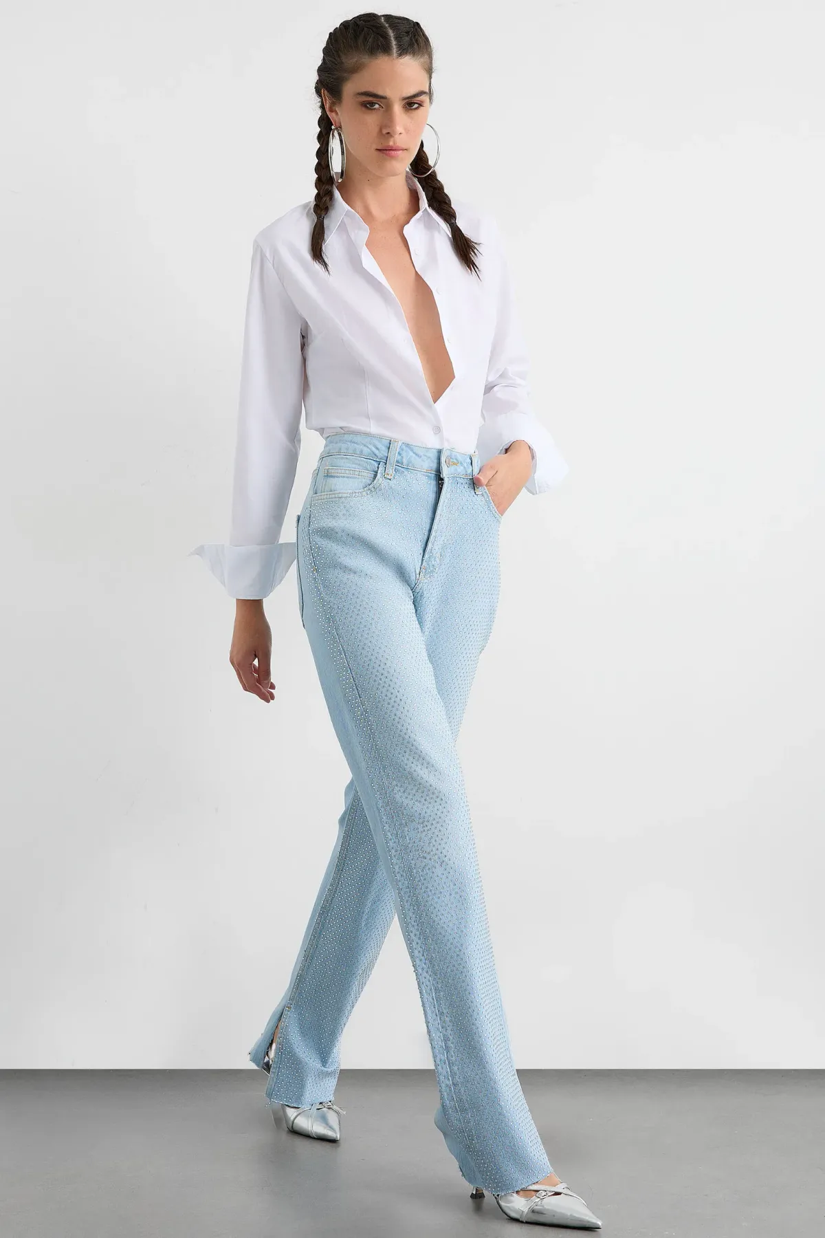 Mid Rise Side Slit Diamente Straight Leg Jeans 1