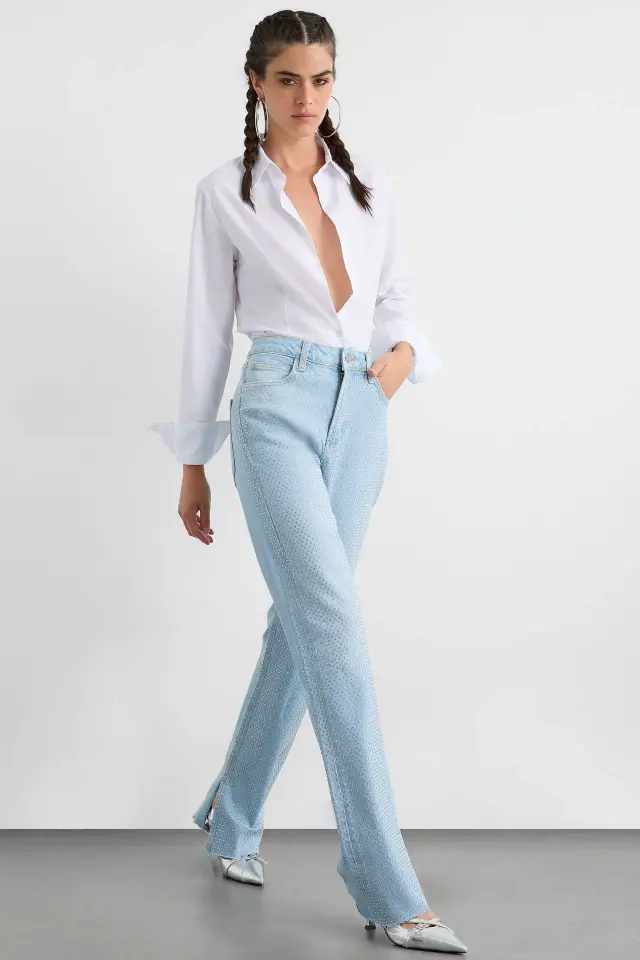 Mid Rise Side Slit Diamente Straight Leg Jeans