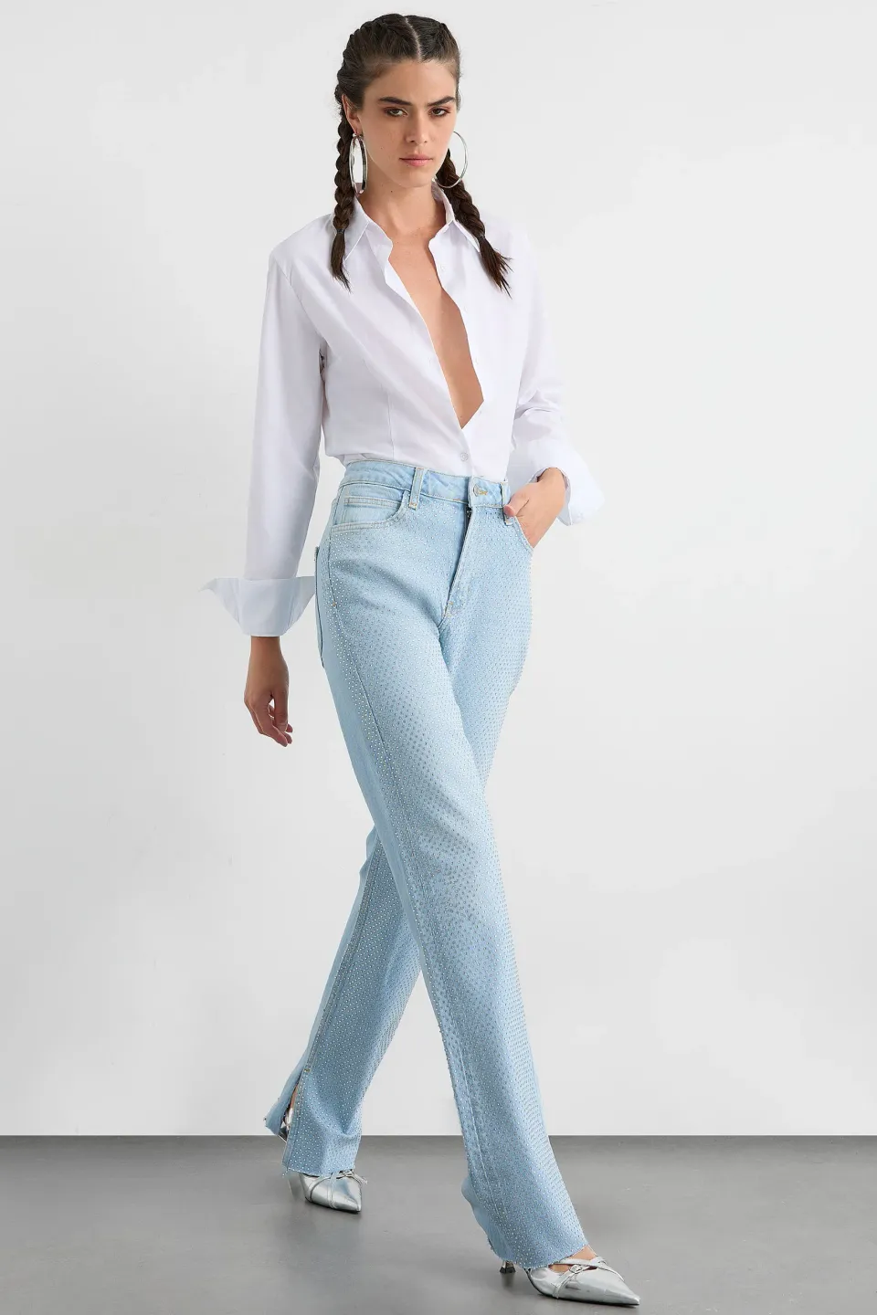 Mid Rise Side Slit Diamente Straight Leg Jeans