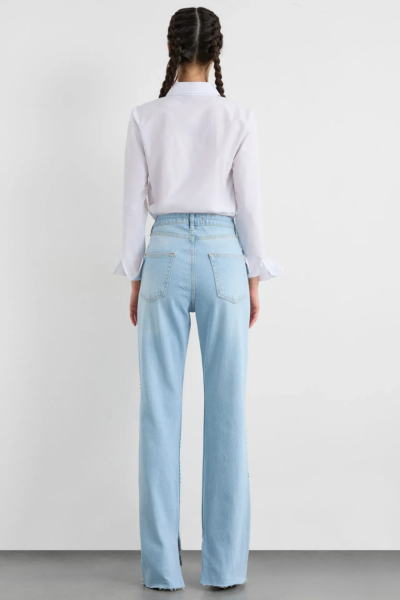 Mid Rise Side Slit Diamente Straight Leg Jeans