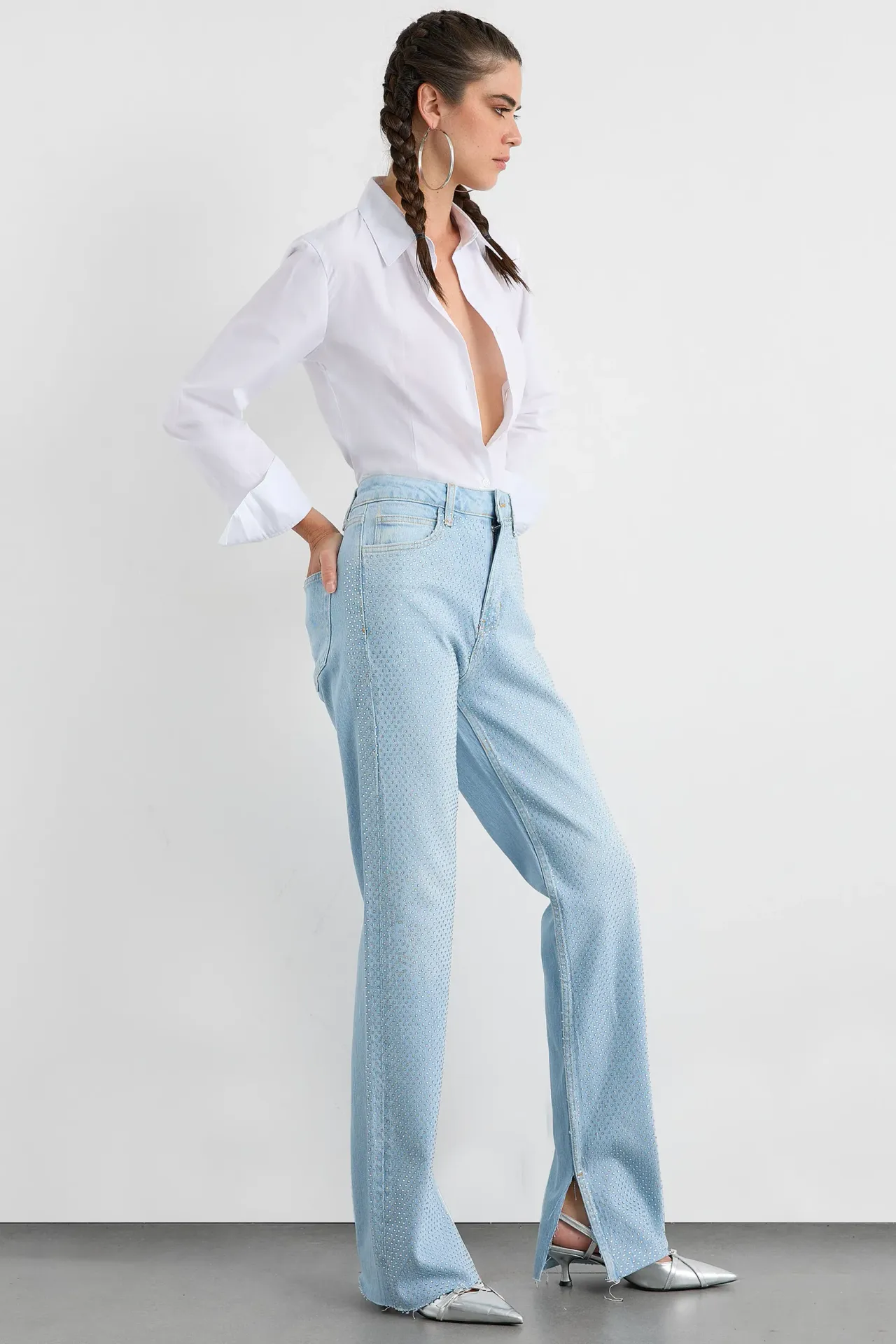 Mid Rise Side Slit Diamente Straight Leg Jeans