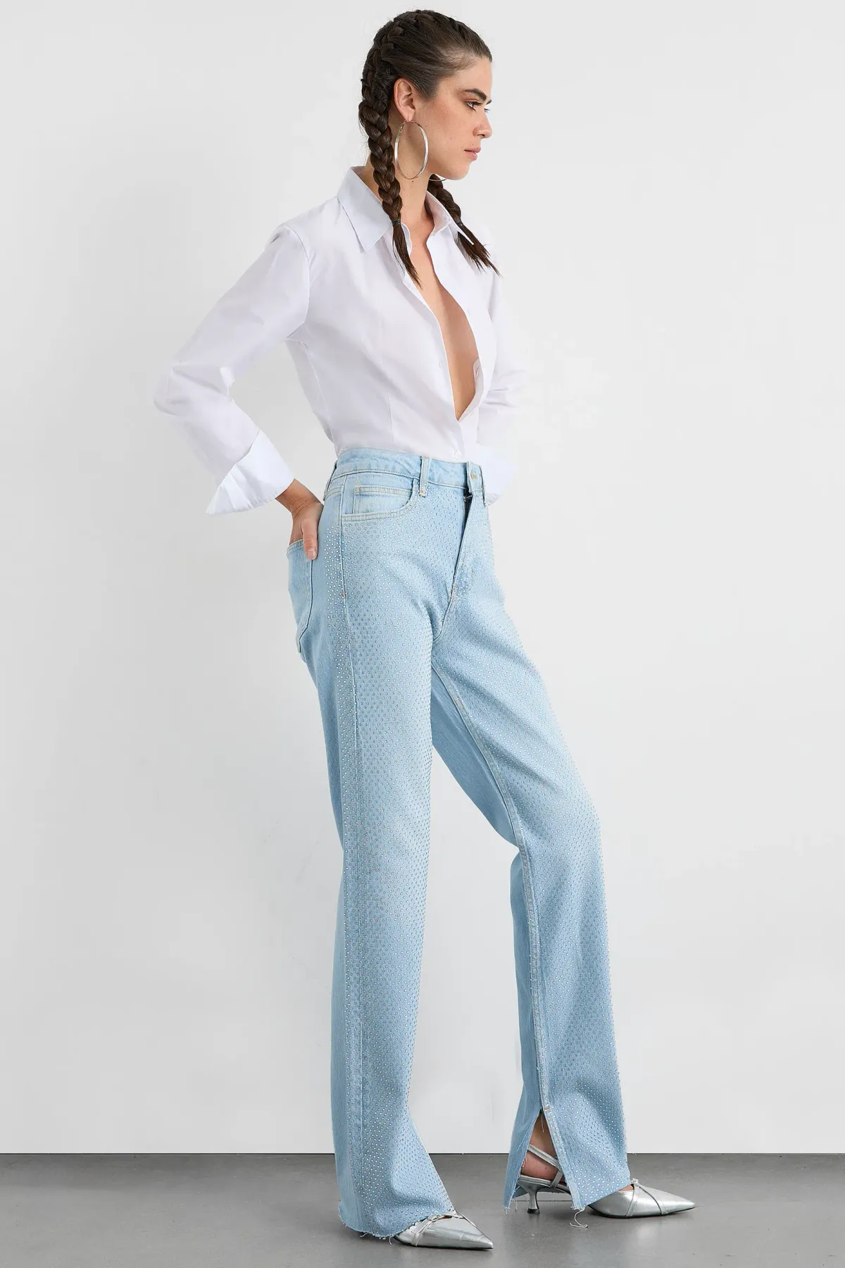 Mid Rise Side Slit Diamente Straight Leg Jeans 3