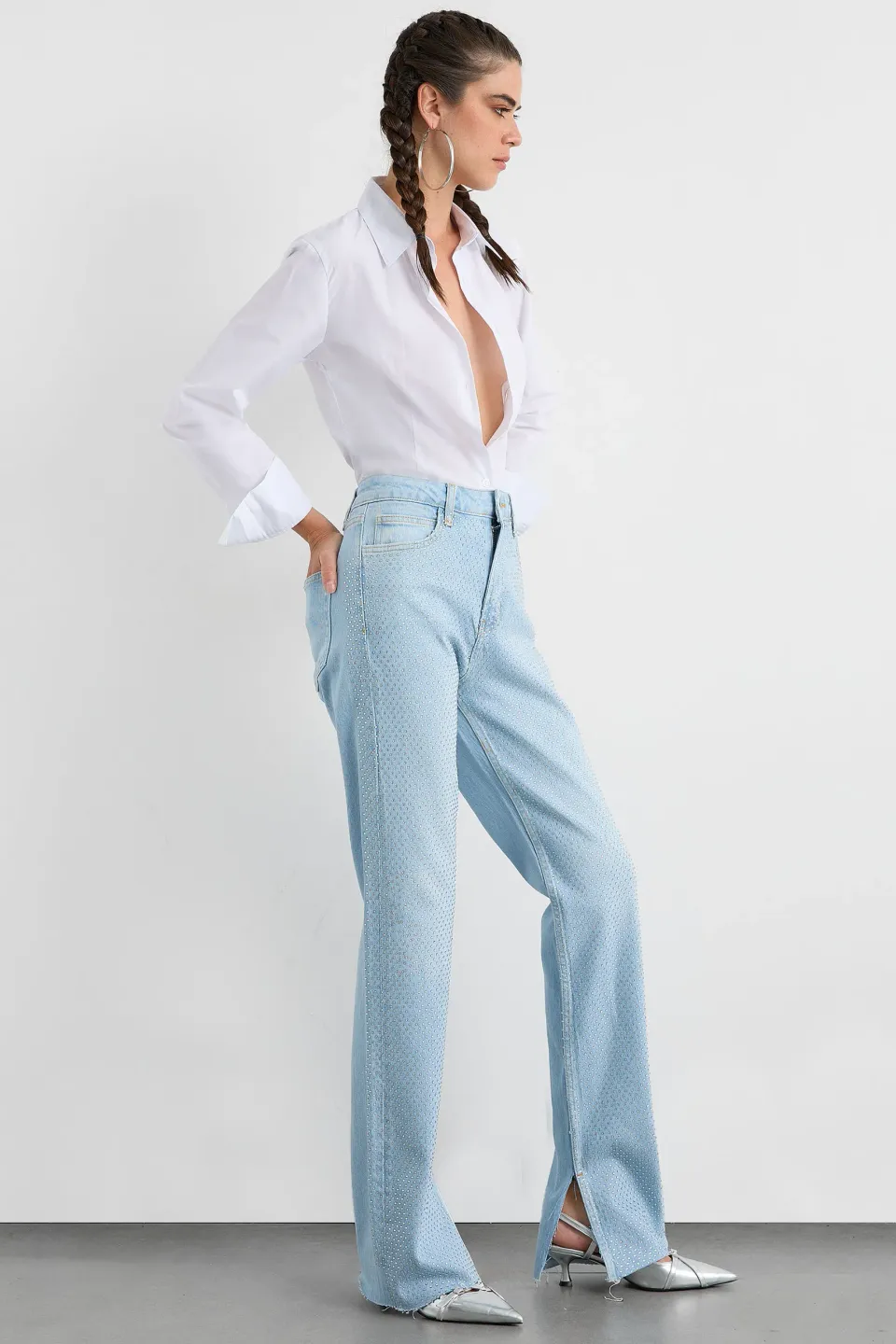 Mid Rise Side Slit Diamente Straight Leg Jeans
