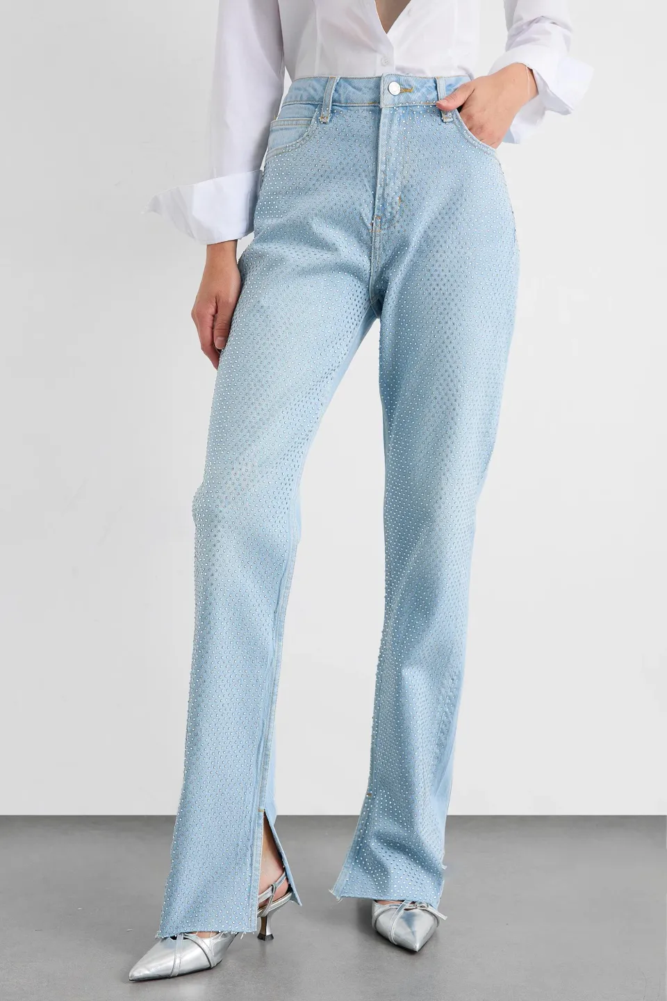 Mid Rise Side Slit Diamente Straight Leg Jeans