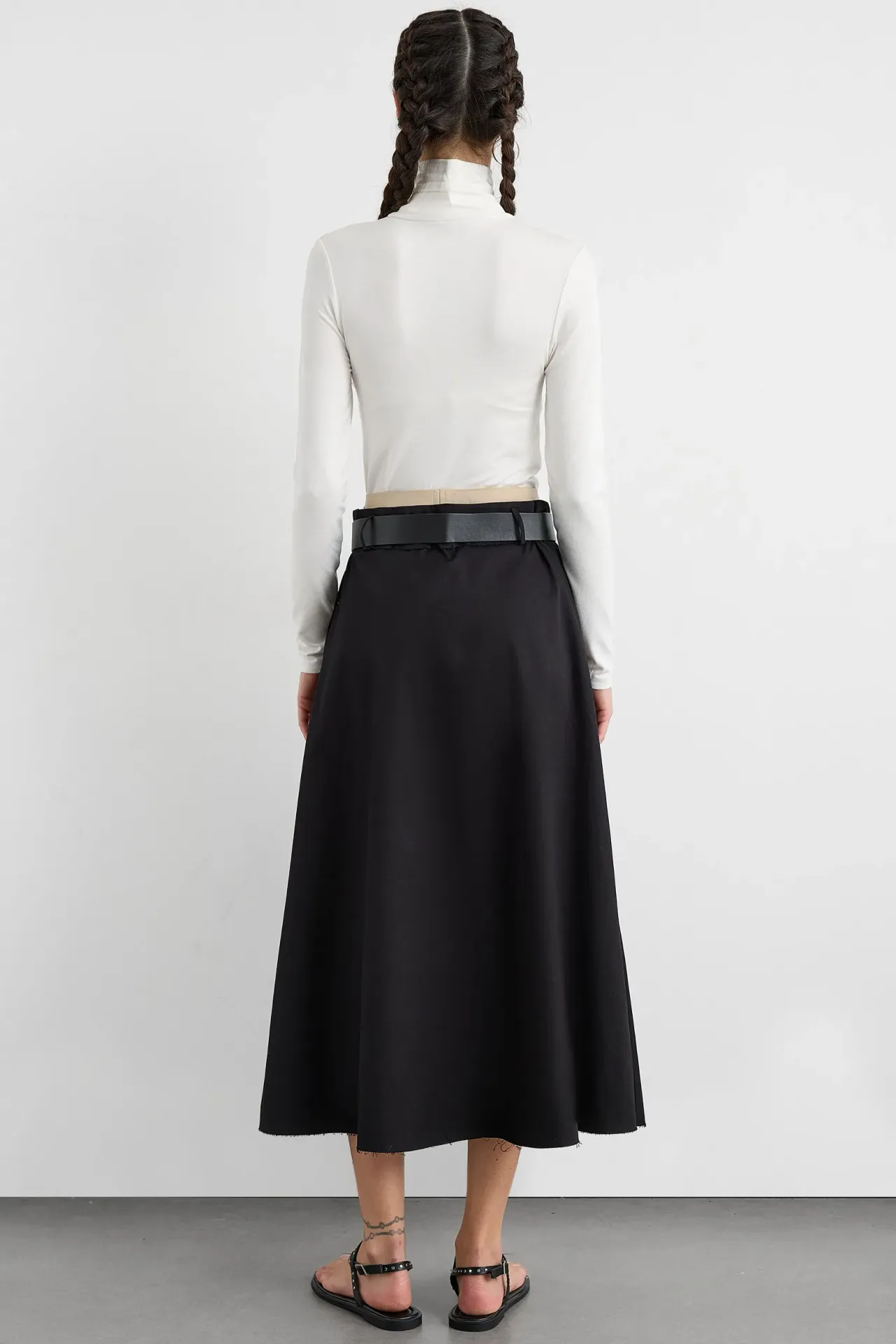 Belt-Detailed High-Waist Cotton Midi Skirt