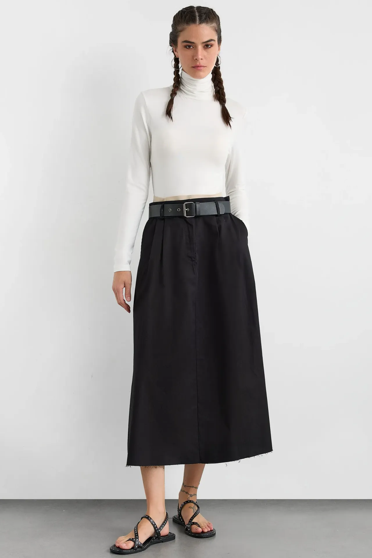 Belt-Detailed High-Waist Cotton Midi Skirt