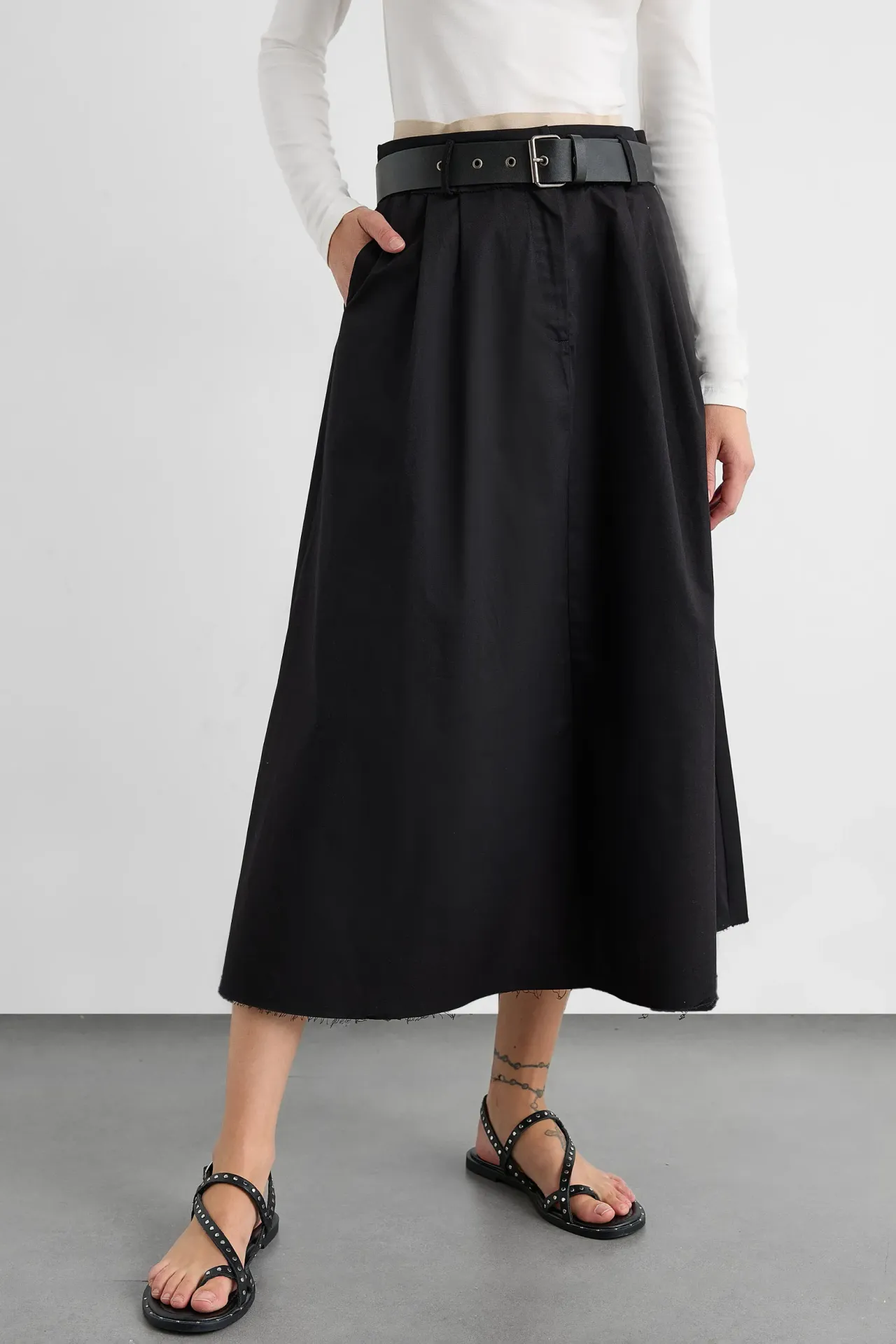 Belt-Detailed High-Waist Cotton Midi Skirt