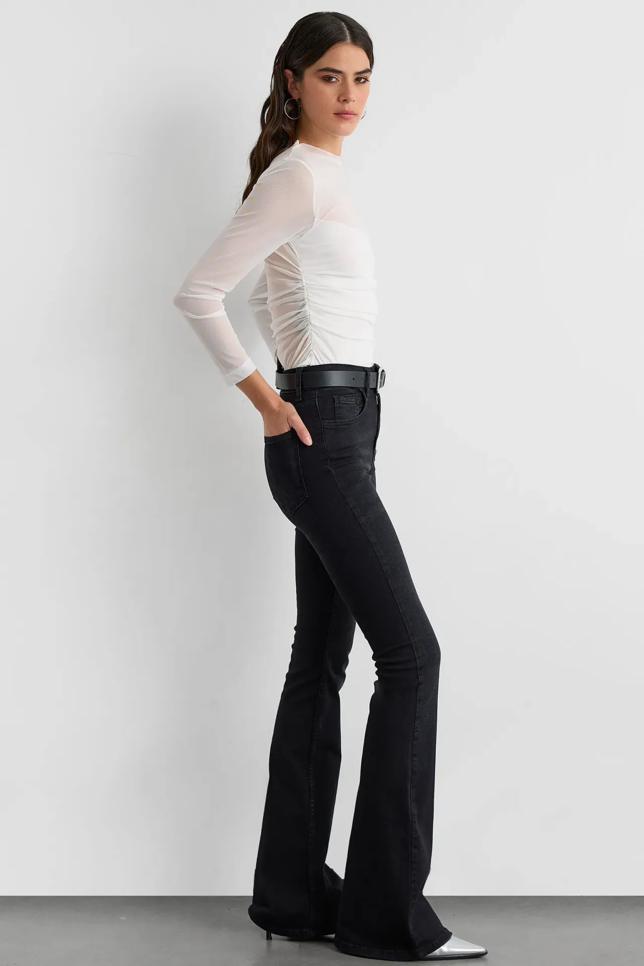 Mesh Cropped High-Neck Blouse with Ruched Detail