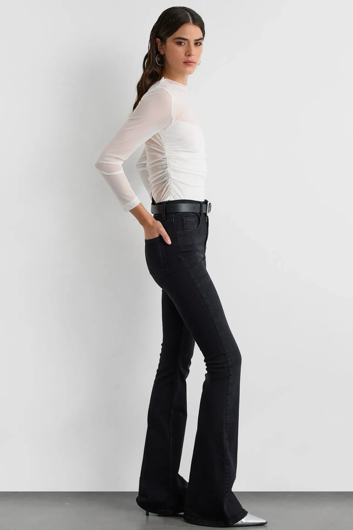 Mesh Cropped High-Neck Blouse with Ruched Detail 2