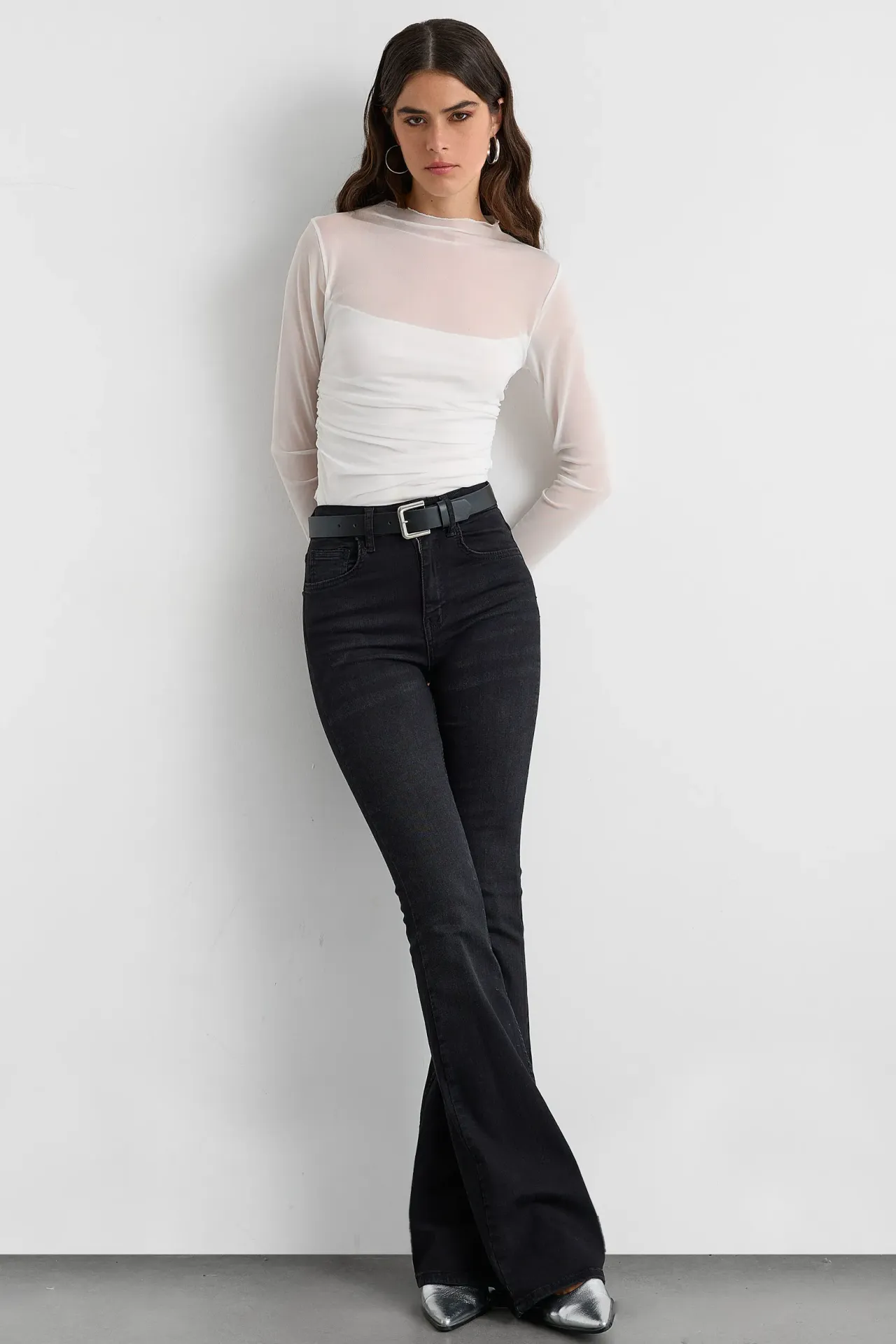Mesh Cropped High-Neck Blouse with Ruched Detail