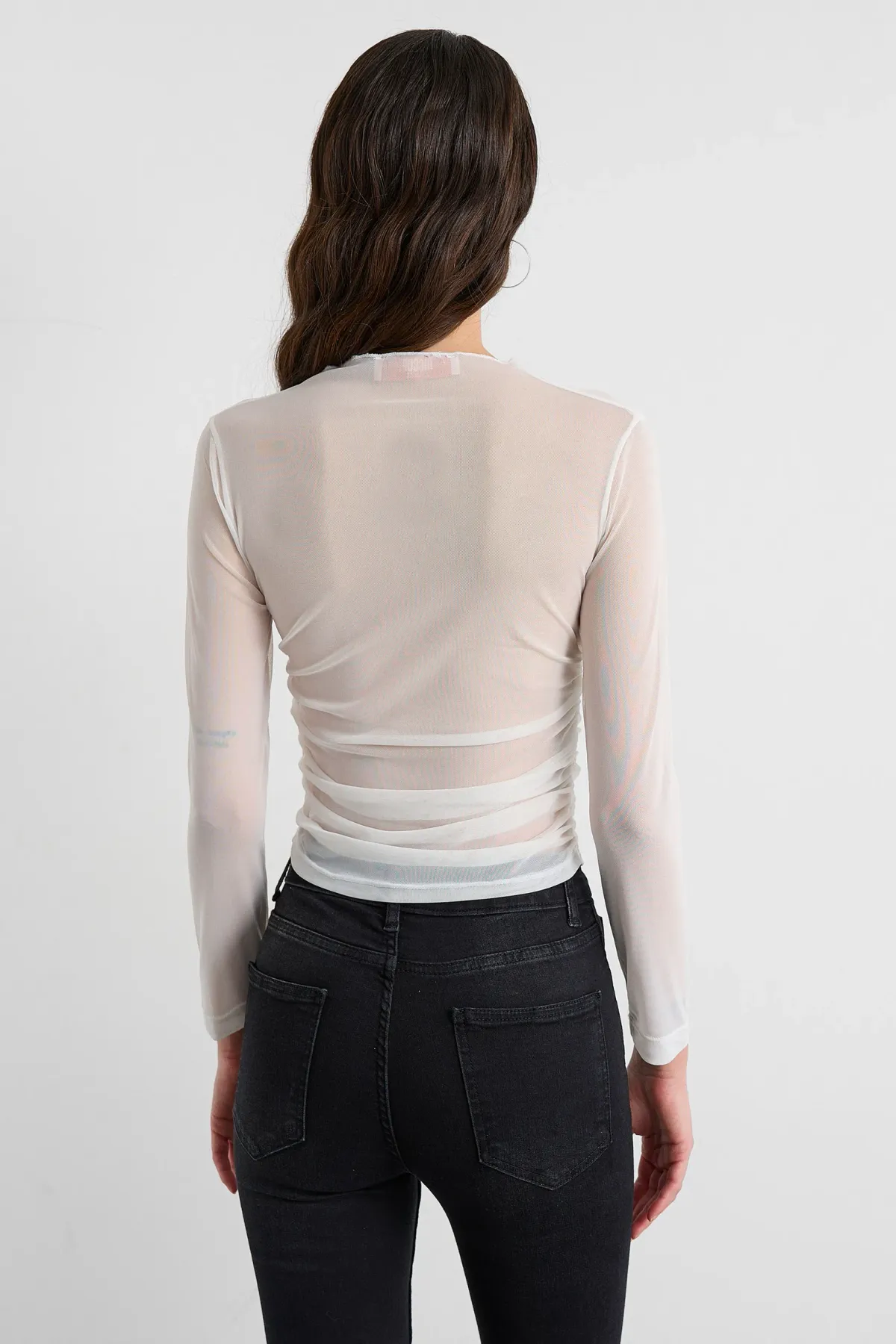 Mesh Cropped High-Neck Blouse with Ruched Detail 4