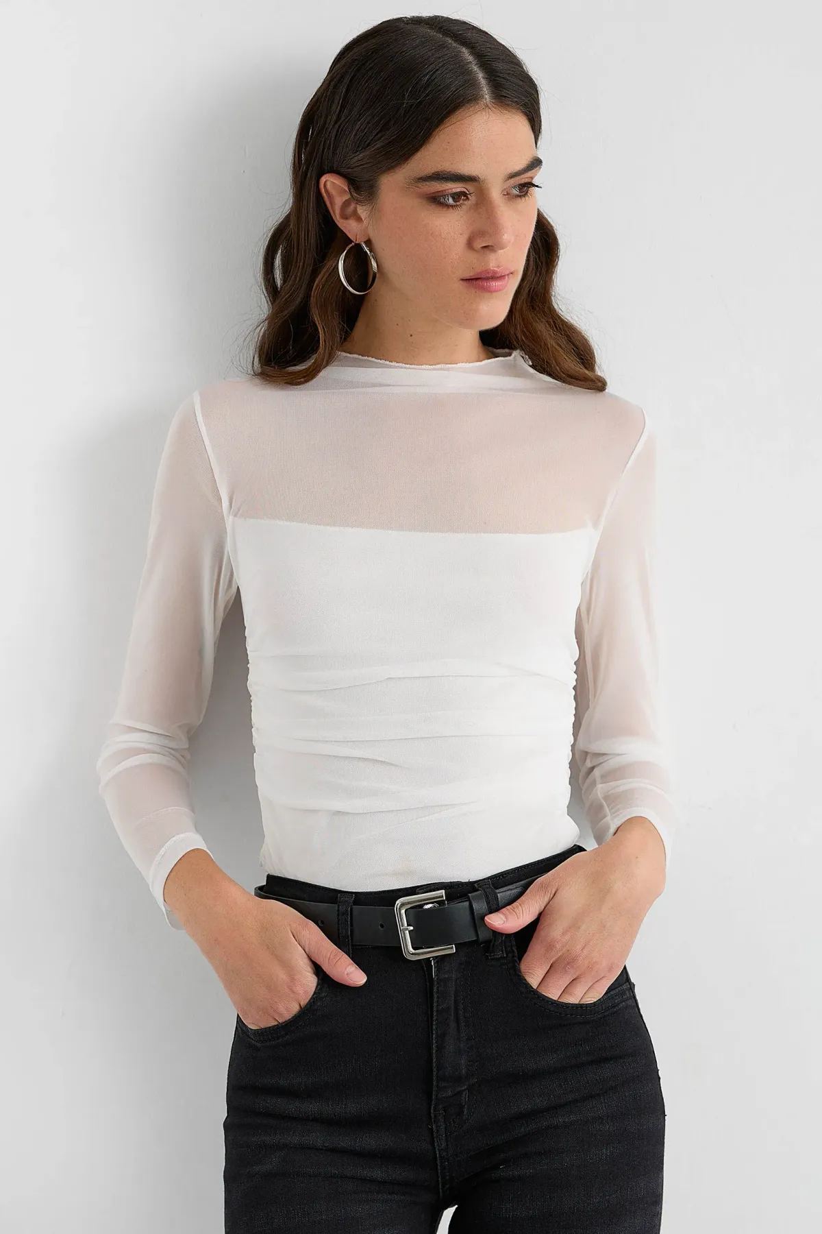 Mesh Cropped High-Neck Blouse with Ruched Detail 1