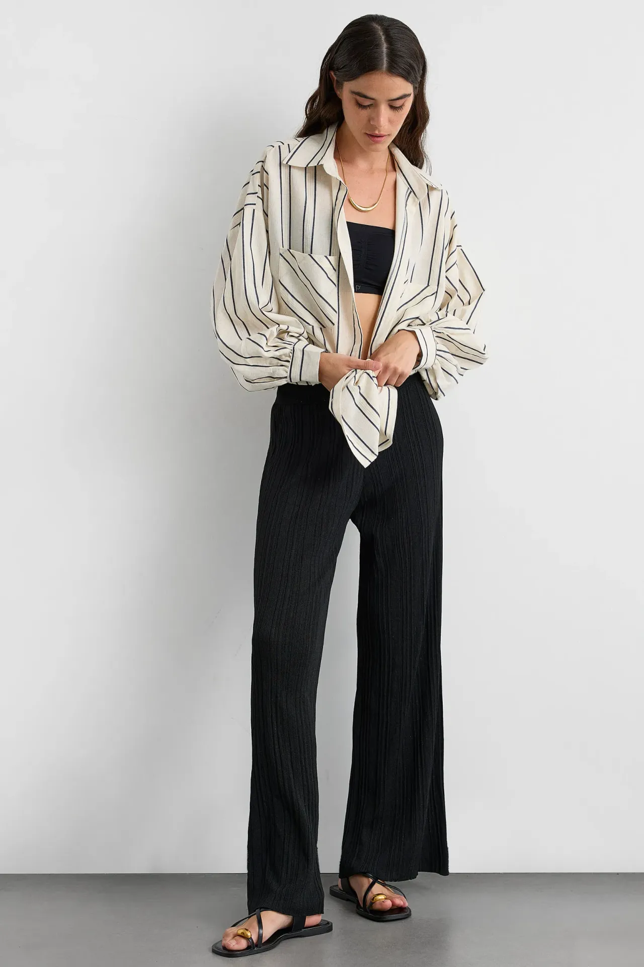 Striped Long-Sleeve Shirt with Shirt Collar and Pocket