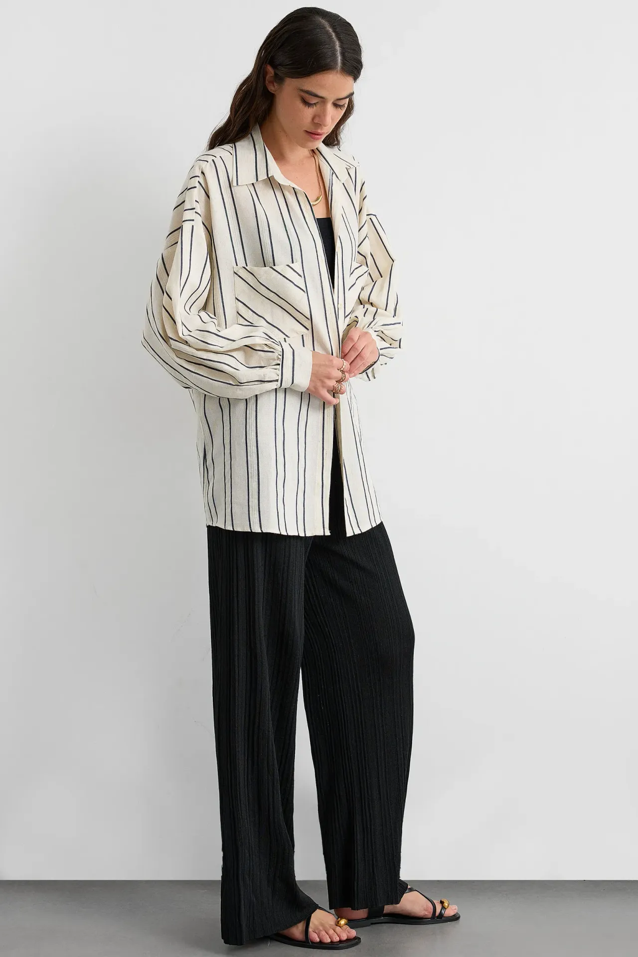 Striped Long-Sleeve Shirt with Shirt Collar and Pocket