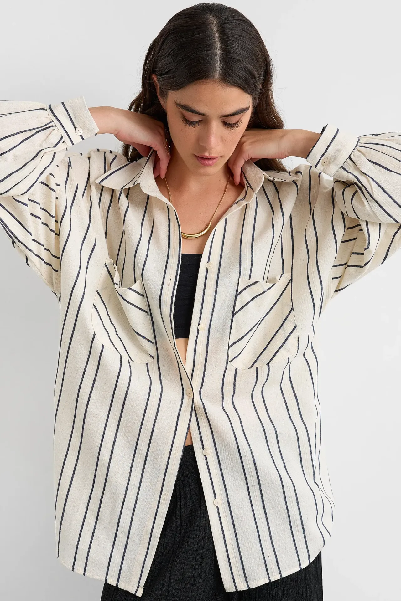 Striped Long-Sleeve Shirt with Shirt Collar and Pocket