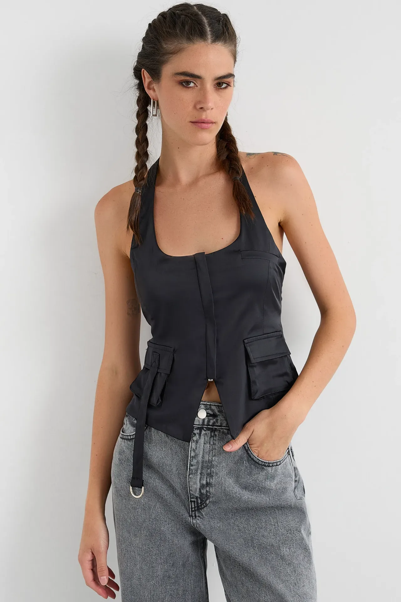 Halter-Neck Cropped Waistcoat with Pocket Detail