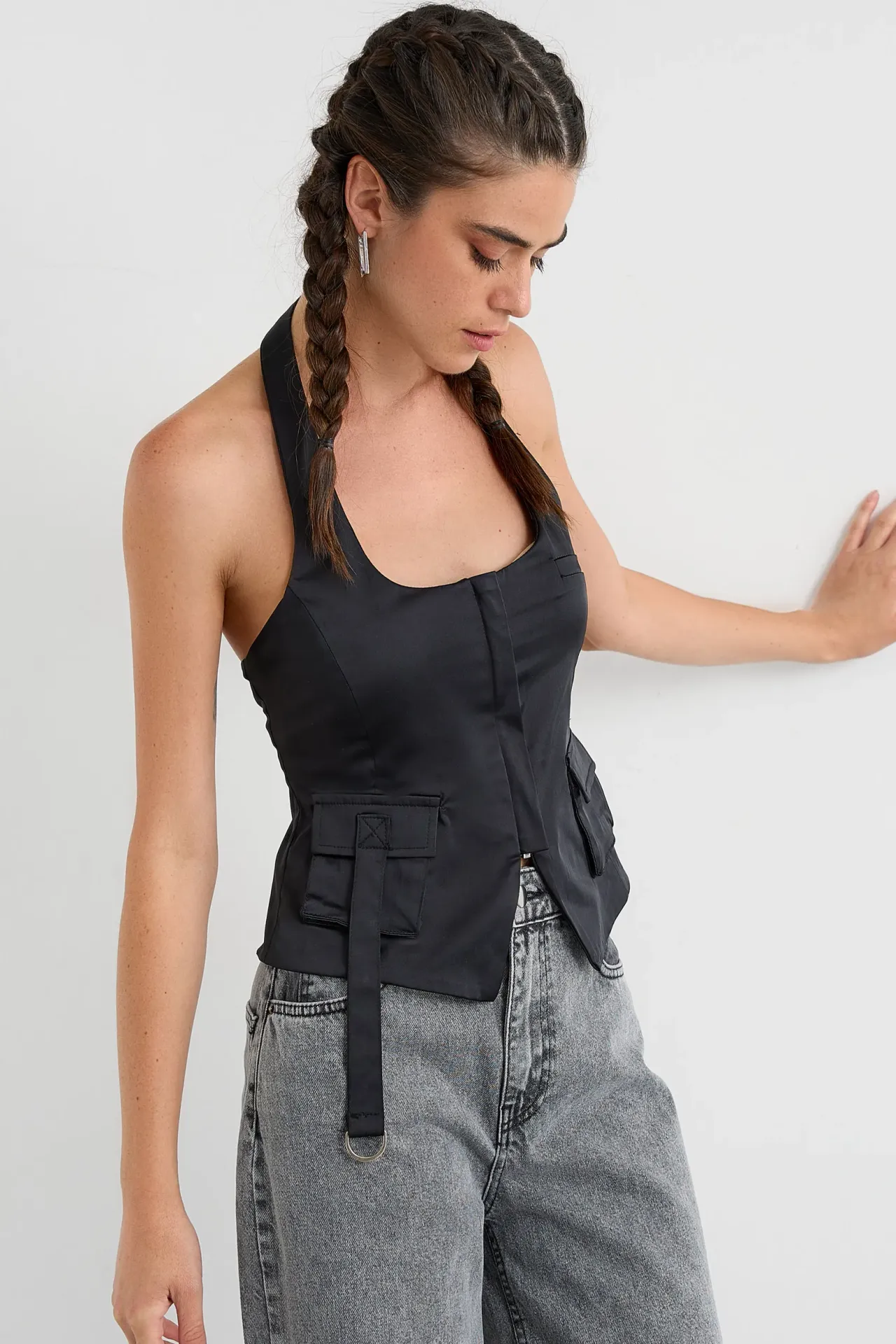 Halter-Neck Cropped Waistcoat with Pocket Detail