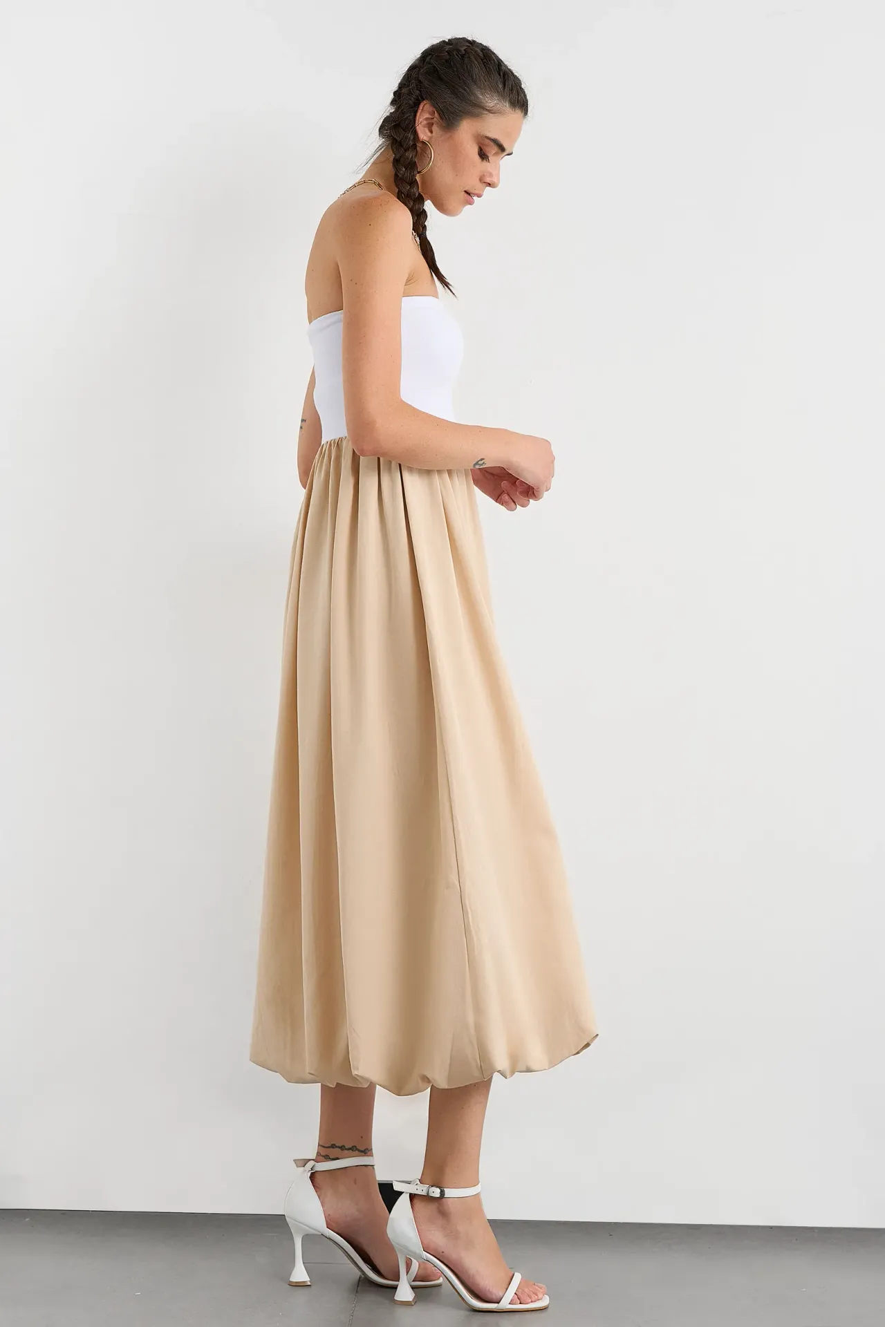 Color Block Pleated Strapless Balloon Skirt Maxi Dress
