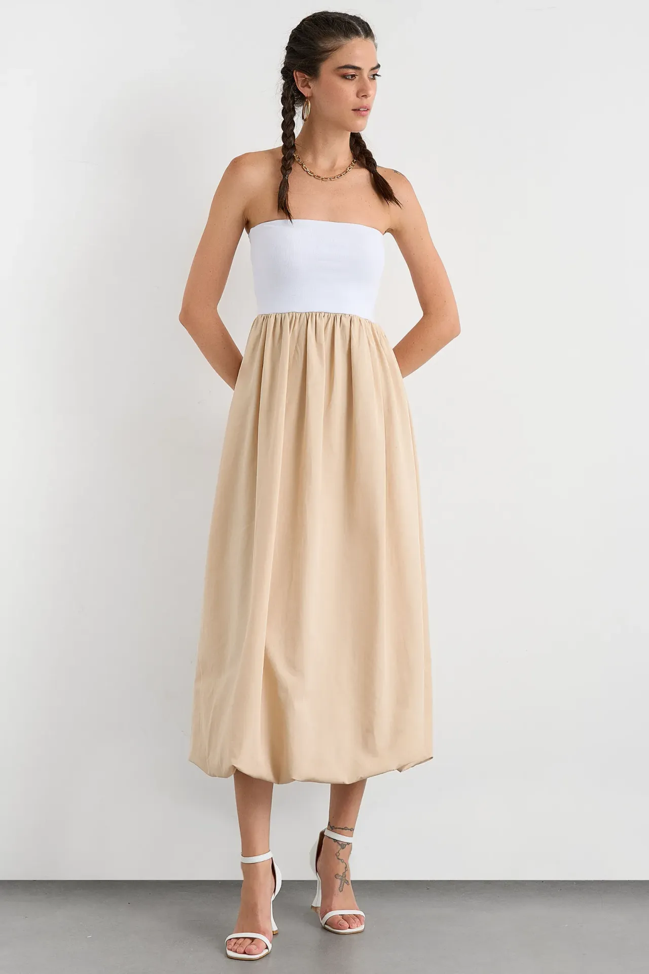 Color Block Pleated Strapless Balloon Skirt Maxi Dress