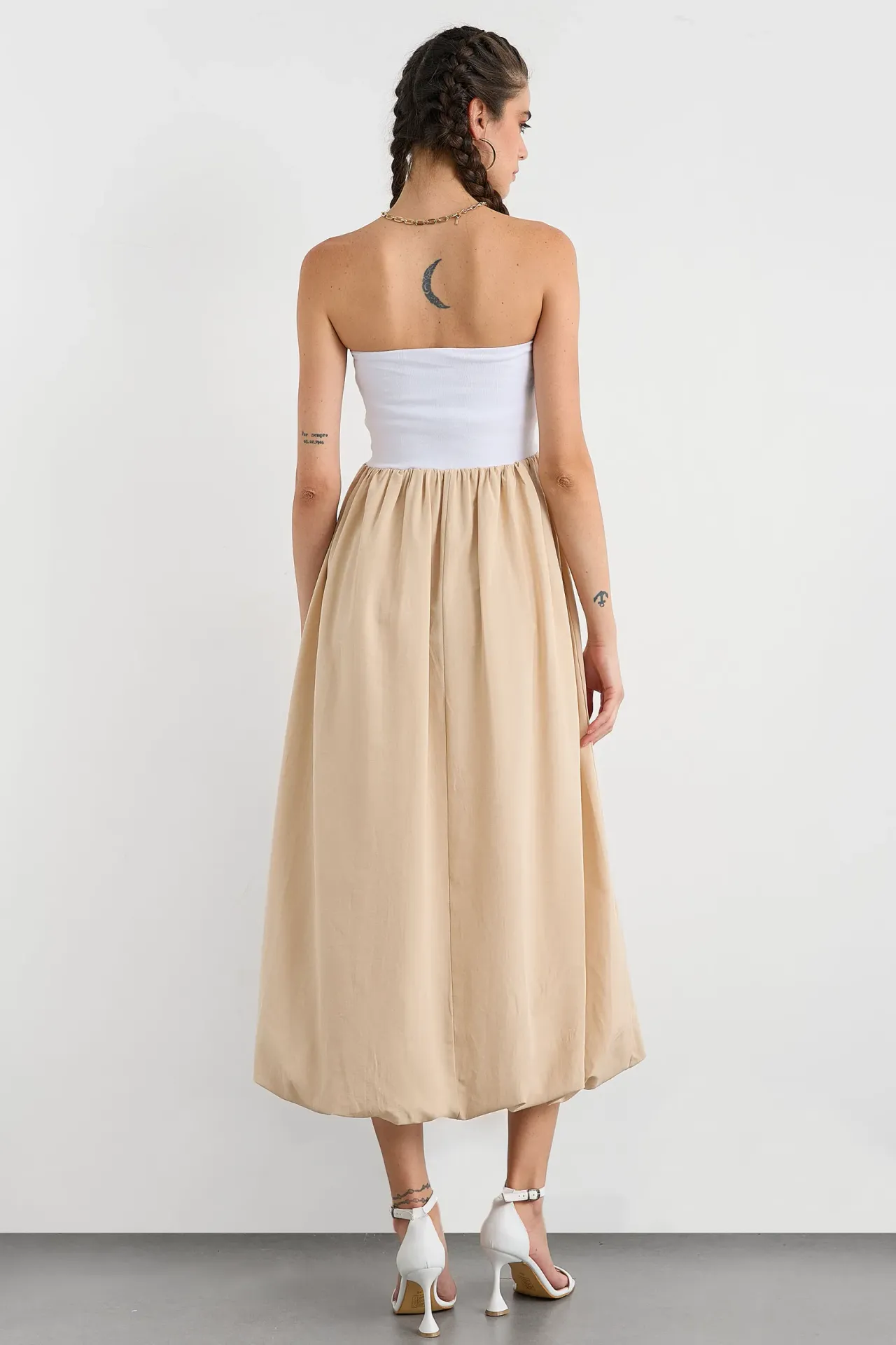 Color Block Pleated Strapless Balloon Skirt Maxi Dress