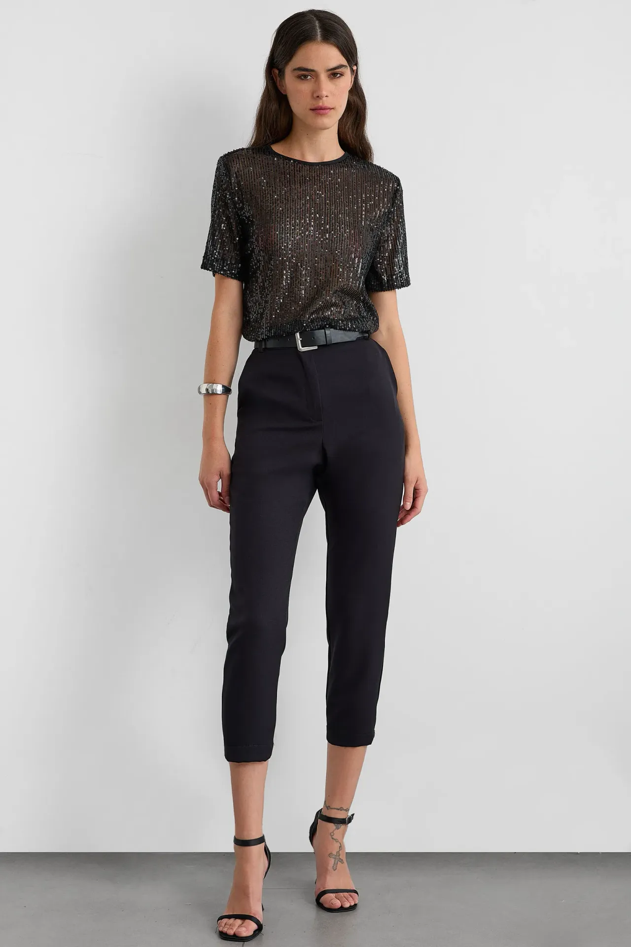 Relaxed Fit Sequin Sheer Short Sleeve T-Shirt