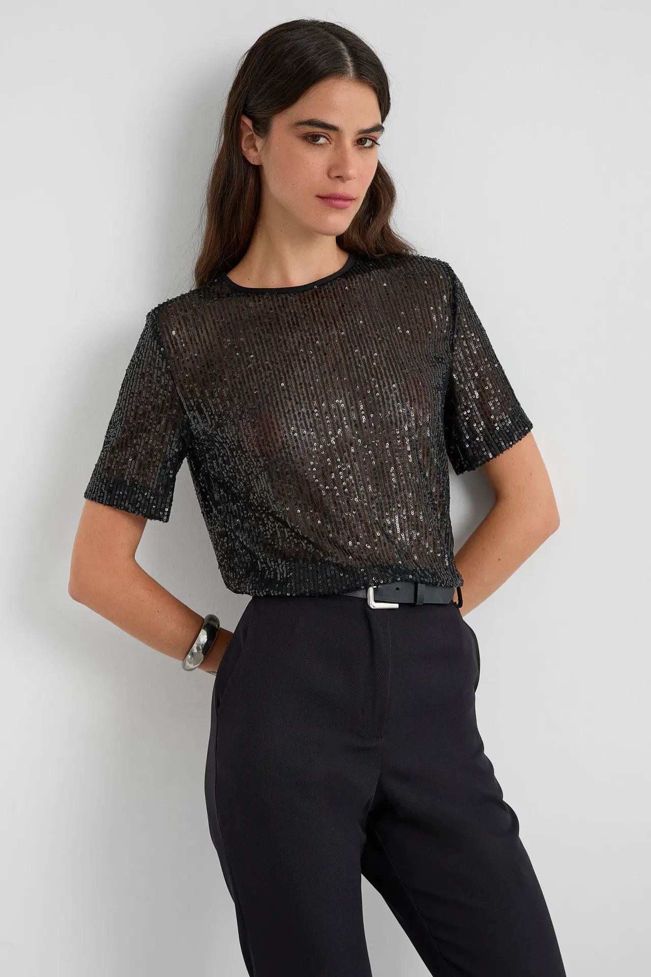 Relaxed Fit Sequin Sheer Short Sleeve T-Shirt
