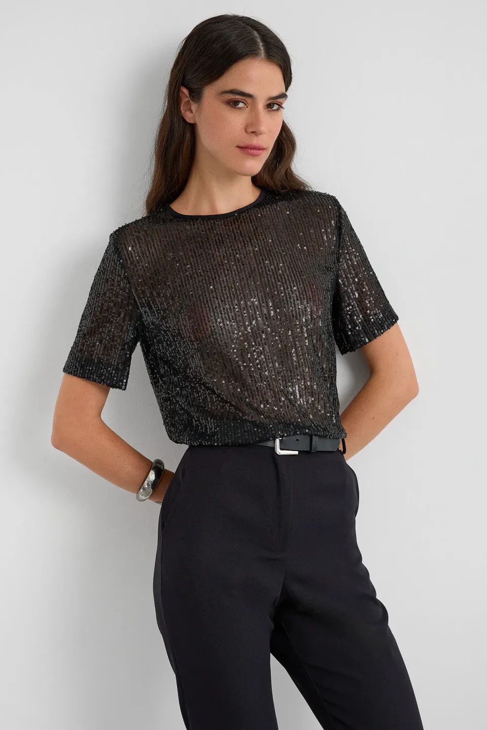 Relaxed Fit Sequin Sheer Short Sleeve T-Shirt 1