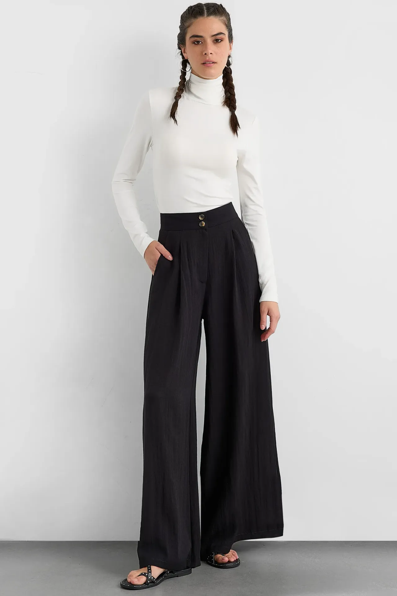 High-Waist Super Wide Leg Trousers with Button Detail