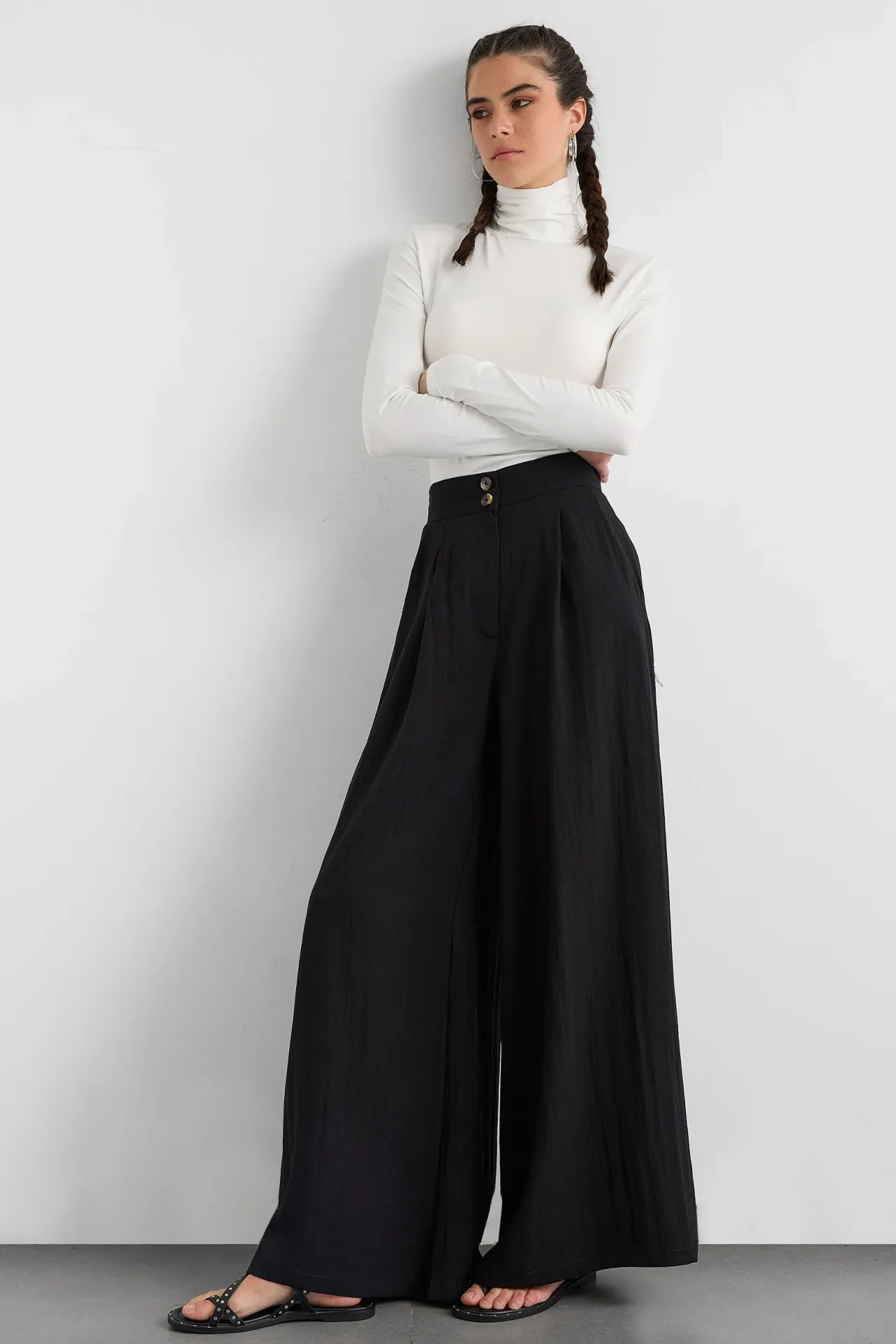 High-Waist Super Wide Leg Trousers with Button Detail