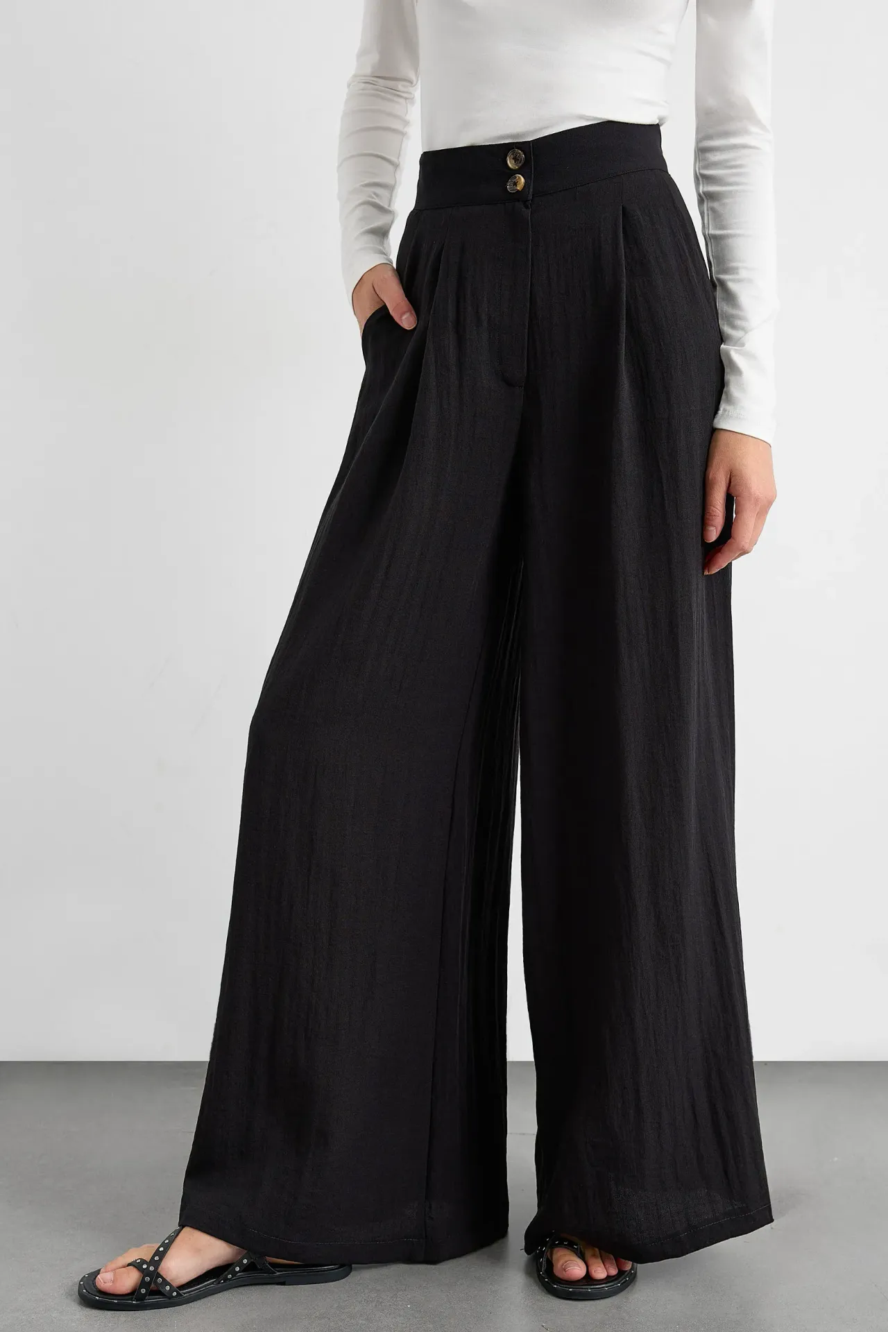 High-Waist Super Wide Leg Trousers with Button Detail