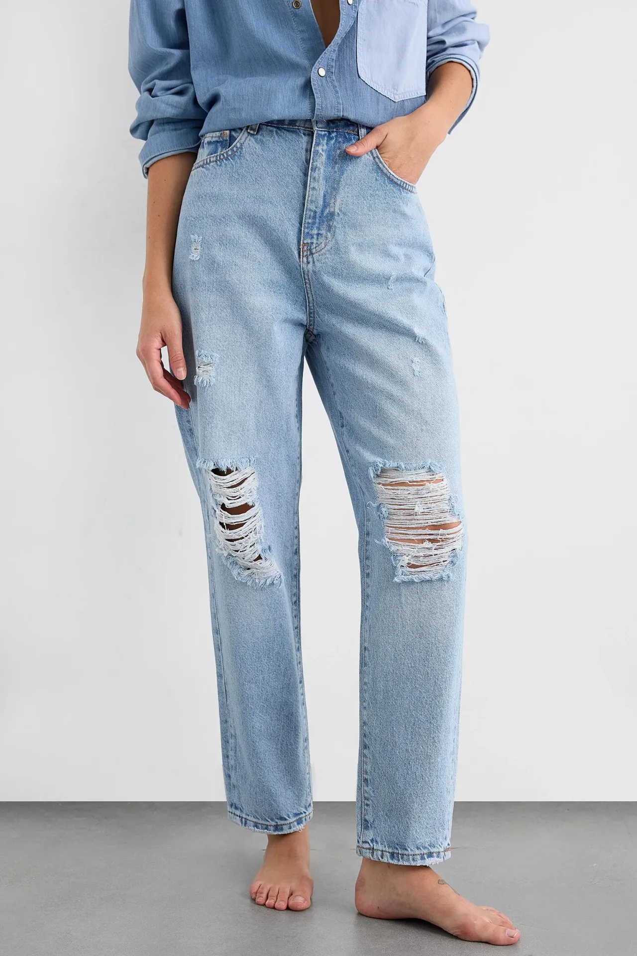 High Waist Ripped Straight Leg Jeans
