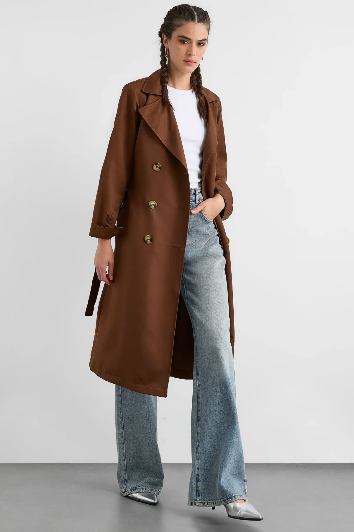 Double-Breasted Belted Long Trench Coat 3