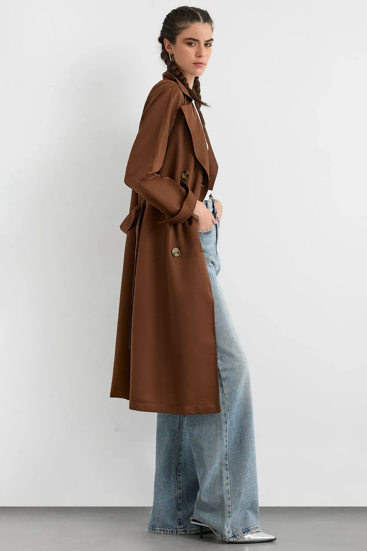 Double-Breasted Belted Long Trench Coat 4