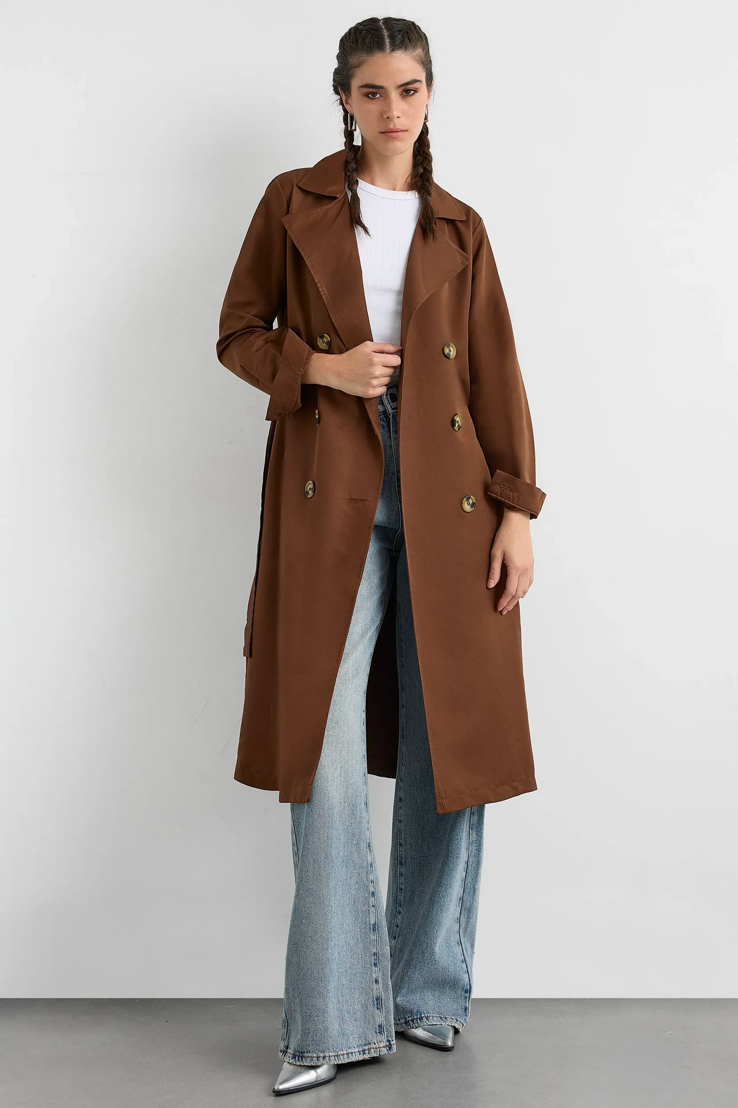 HiCCUP Mocha Brown Buttoned Light Trenchcoat With A Belt Women