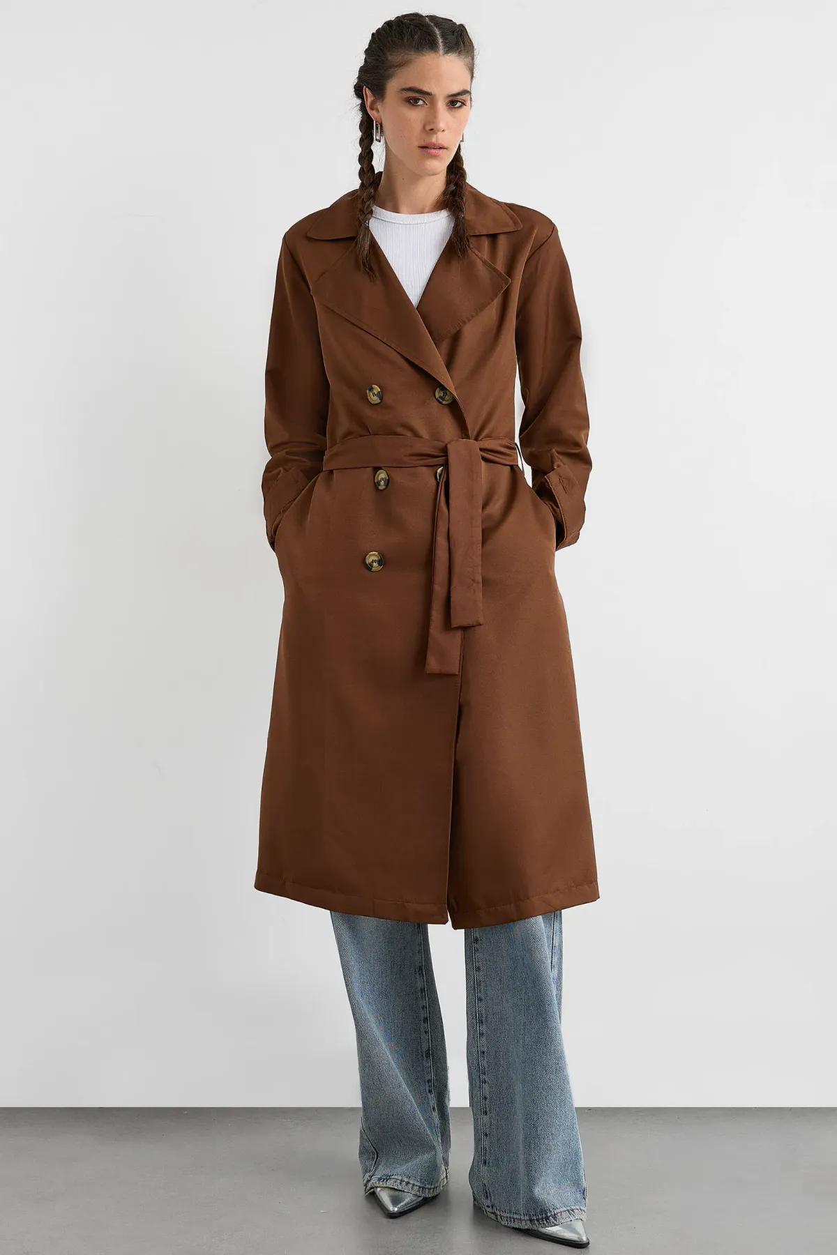 Double-Breasted Belted Long Trench Coat 5