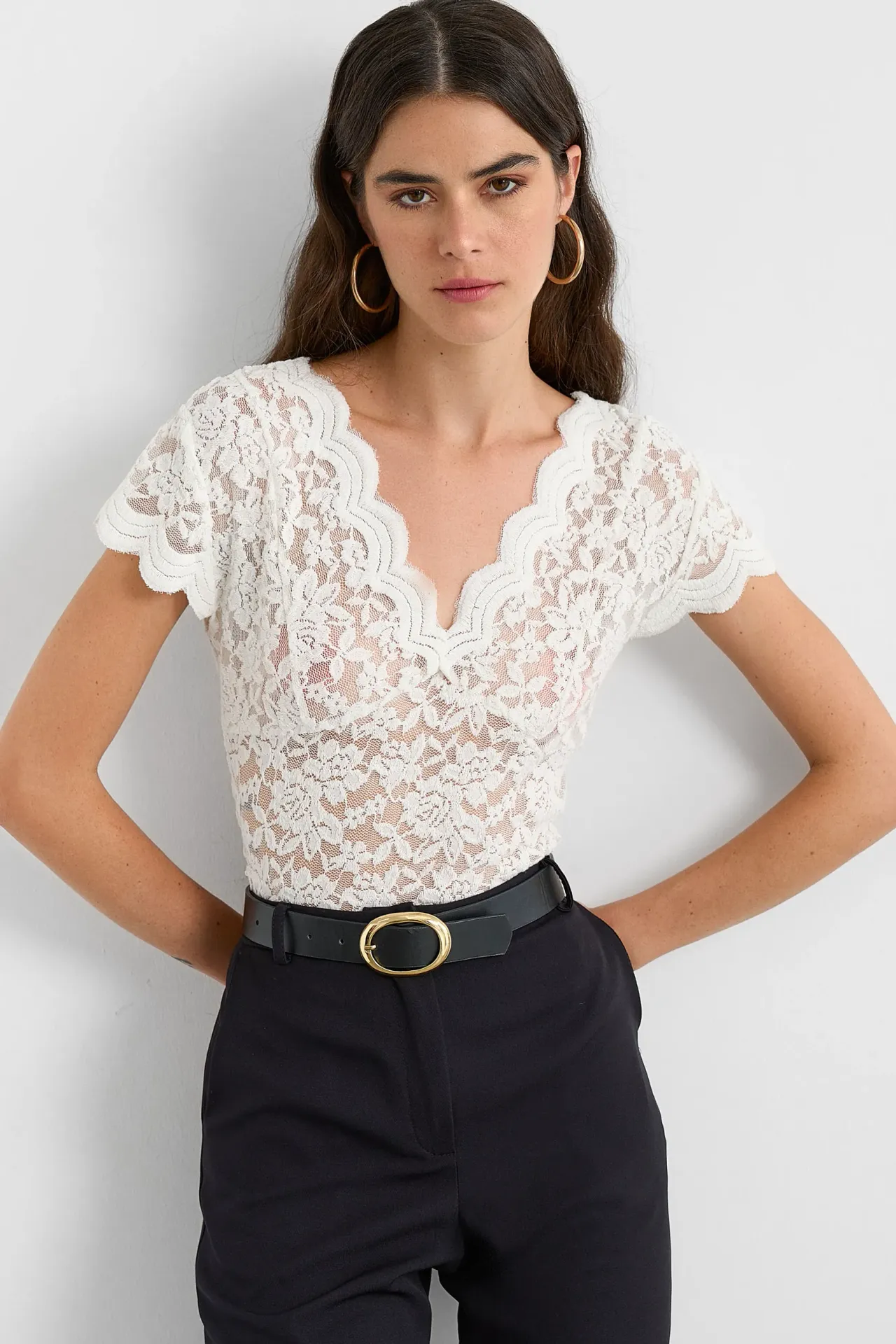 V Neck Lace Short Sleeve Blouse