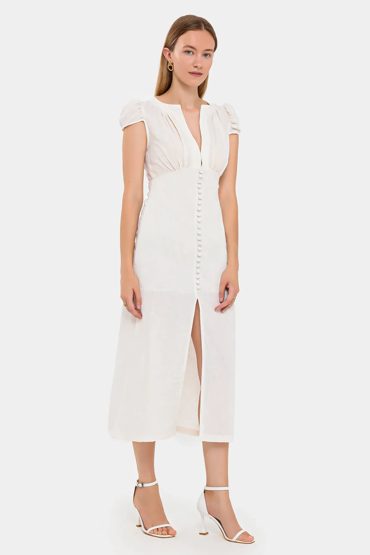 Buttoned Midi Dress with Cap Sleeves