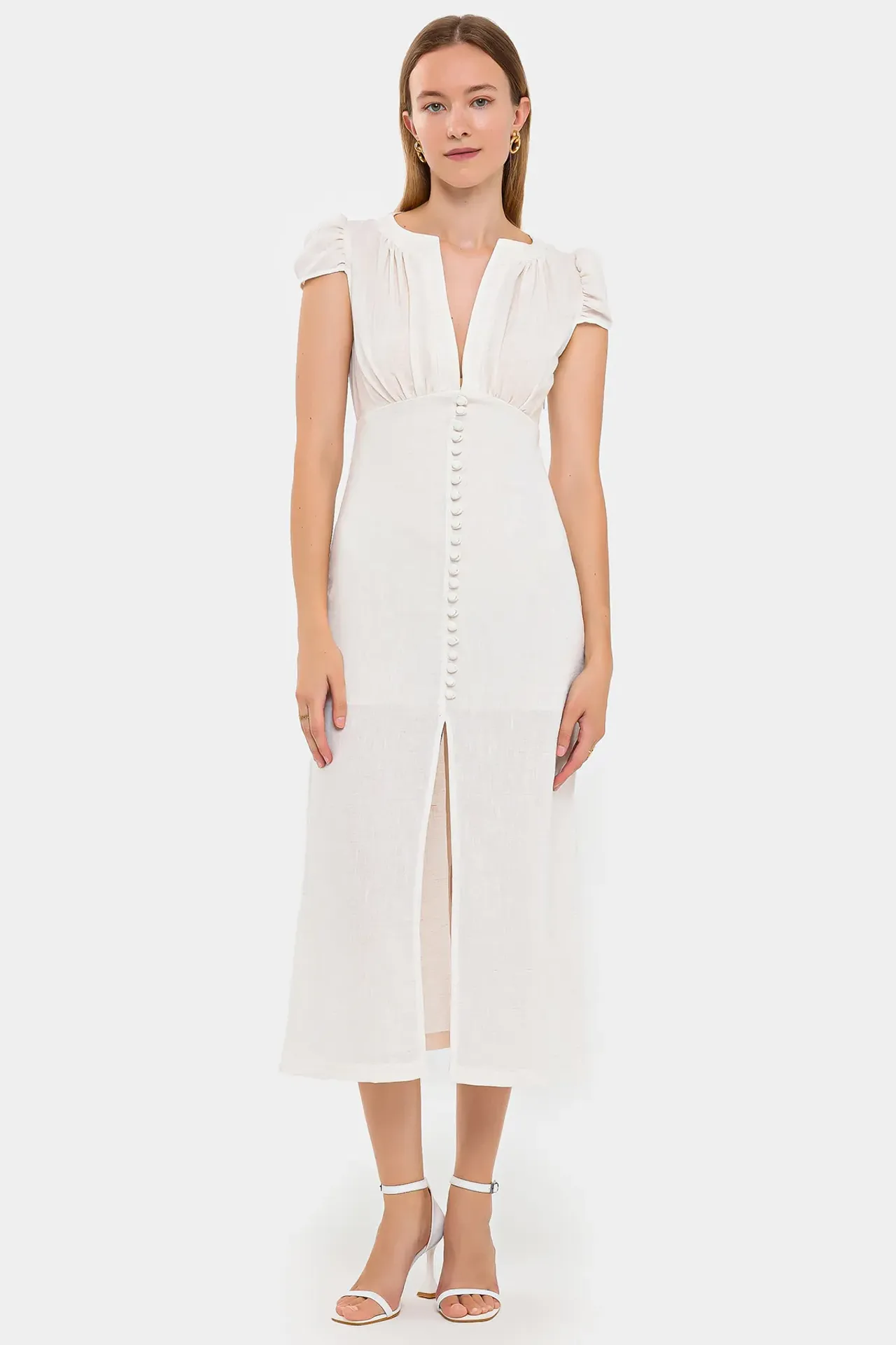Buttoned Midi Dress with Cap Sleeves