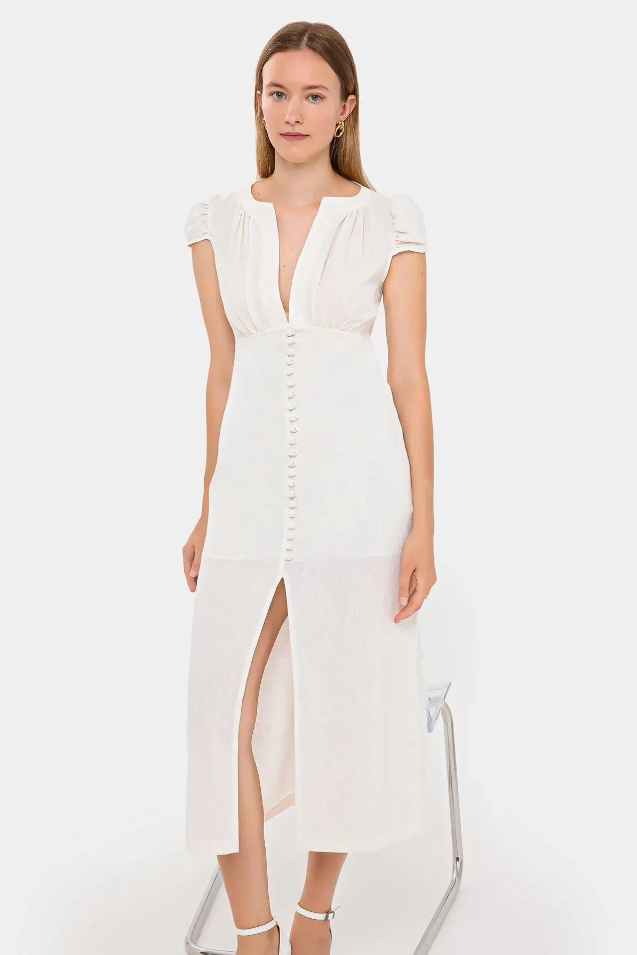 Buttoned Midi Dress with Cap Sleeves